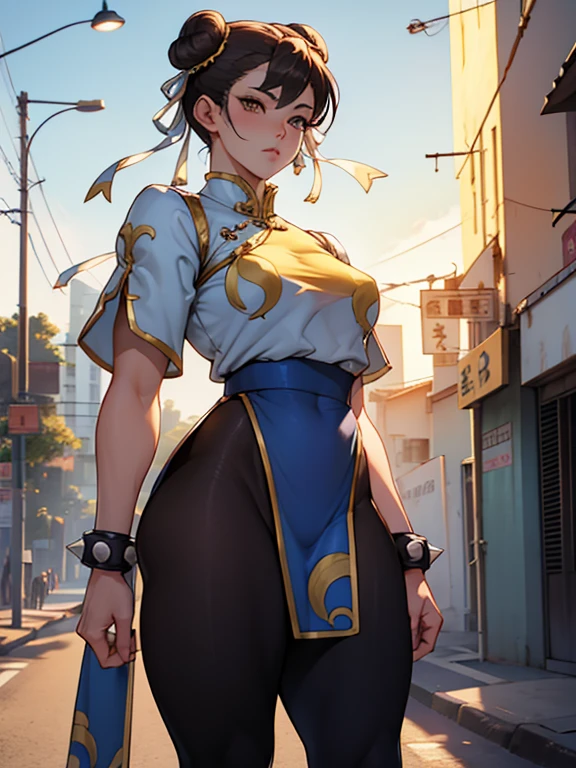 sf 6 chunli, chunli, chinese clothes, bracelets, leggings, twin hair buns, mature woman, standing, cowboy shot, ((solo)),