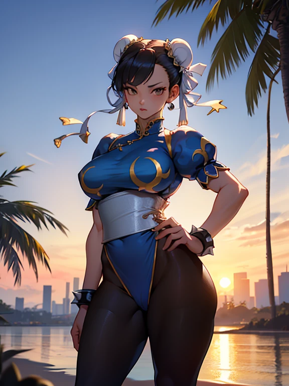 Chun-Li,linda jovem com uniforme azul classico, coxas grossas, belas coxas sexy,um pouco muscolosa, cabelo preso, black tights,cidade chinesa a tarde, Standing alone.solo, roupa azul, saia azul, olhar serio, belos olhos, belo rosto bem detalhado, olhos e sobrancelhas detalhado.olhos castanhos escuros,sunset, yellow sun lighting
