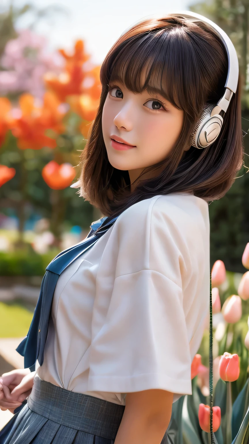 Dragon Ball bloomers, futuristic scene, Mechanically enhanced Japanese high school girl、Elegant in an elaborate garden. She has beautifully detailed eyes and lips that complement her face. high school girl。.uniform。.。.。.。.。.。 girl.. Around her are bright tulip and a quiet carp pond. The scenes are drawn using a combination of illustration and photorealism, sunflower,Highly detailed brush strokes and sharpness, bright colors. Lighting that highlights the elegance of the uniform, gives softness to the skin, porcelain shine。. Artwork is of the highest quality, Exquisite costume details on display, tulip, . The overall color scheme is、、、、、、、、、、、、traditional Japanese color combinations, crimson, wait., bus stop、sit on a swing、Headphones around the neck、Side view、Side view、whole body、cute clothes、from far away、Open the center、Big eyes、random pose、whole body