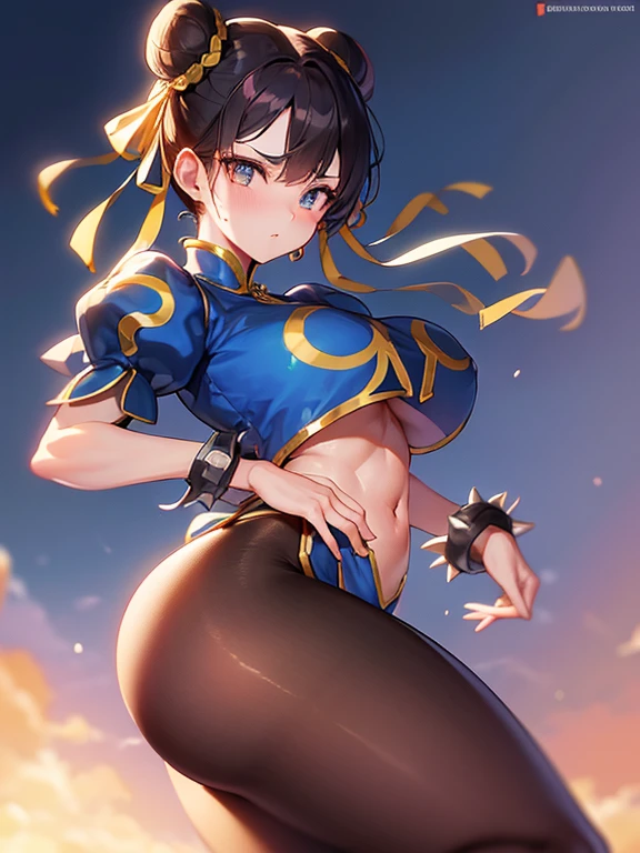 Chun-Li,linda jovem com uniforme azul classico, coxas grossas, belas coxas sexy,um pouco muscolosa, cabelo preso, black tights,cidade chinesa a tarde, Standing alone.solo, roupa azul, saia azul, olhar serio, belos olhos, belo rosto bem detalhado, olhos e sobrancelhas detalhado.olhos castanhos escuros,sunset, yellow sun lighting
