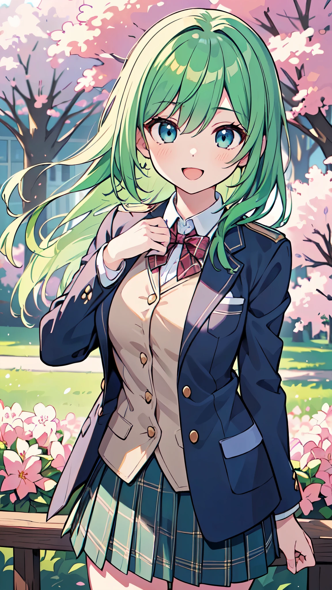 ((A Pretty High School girl with green hair and blue eyes)), ((wearing blazer uniform and plaid skirt)), , ((master piece, top-quality, ultra-definition, high resolution)), anime girl, ((ultra-detailed illust:1.2)), only one person, bangs, hair between eye, beautiful hair, Shiny eyes, Medium breasts, Big smile, opened mouth, cherry trees, schoolyard