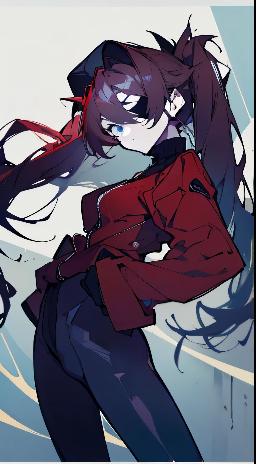 Girl with long chestnut hair and dark blue eyes. her hair is loose, The sides were tied up in twin tails., Wearing a red jacket, His left eye is covered with a black eyepatch, Wearing a black cap, red bodysuit、Standing in front of a collapsed building