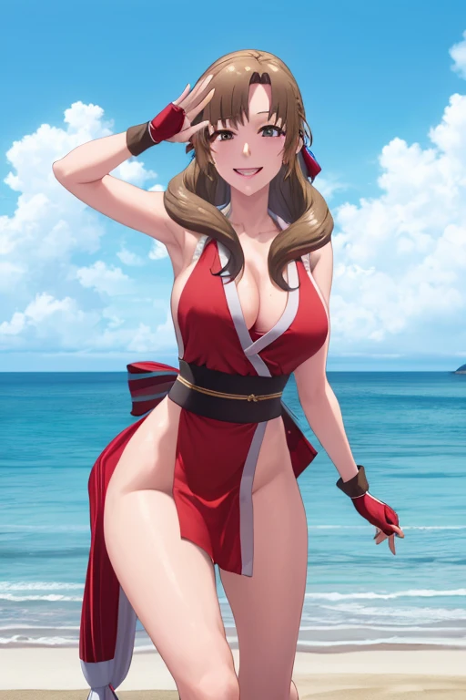 masterpiece, best quality, beautiful art, high resolution, well formed hands, body and fingers, 1 woman, solo, Mamako Oosuki, cosplaying as Mai Shiranui , adult, big breasted, cleavage full body, long hair, hair ornament, gorgeous legs and thighs, sexy Japanese clothes, hair ornament, elbow gloves, dancing seductively and erotically, smiling joyfully, sweating ,looking at the viewer, flirting, beach environment 