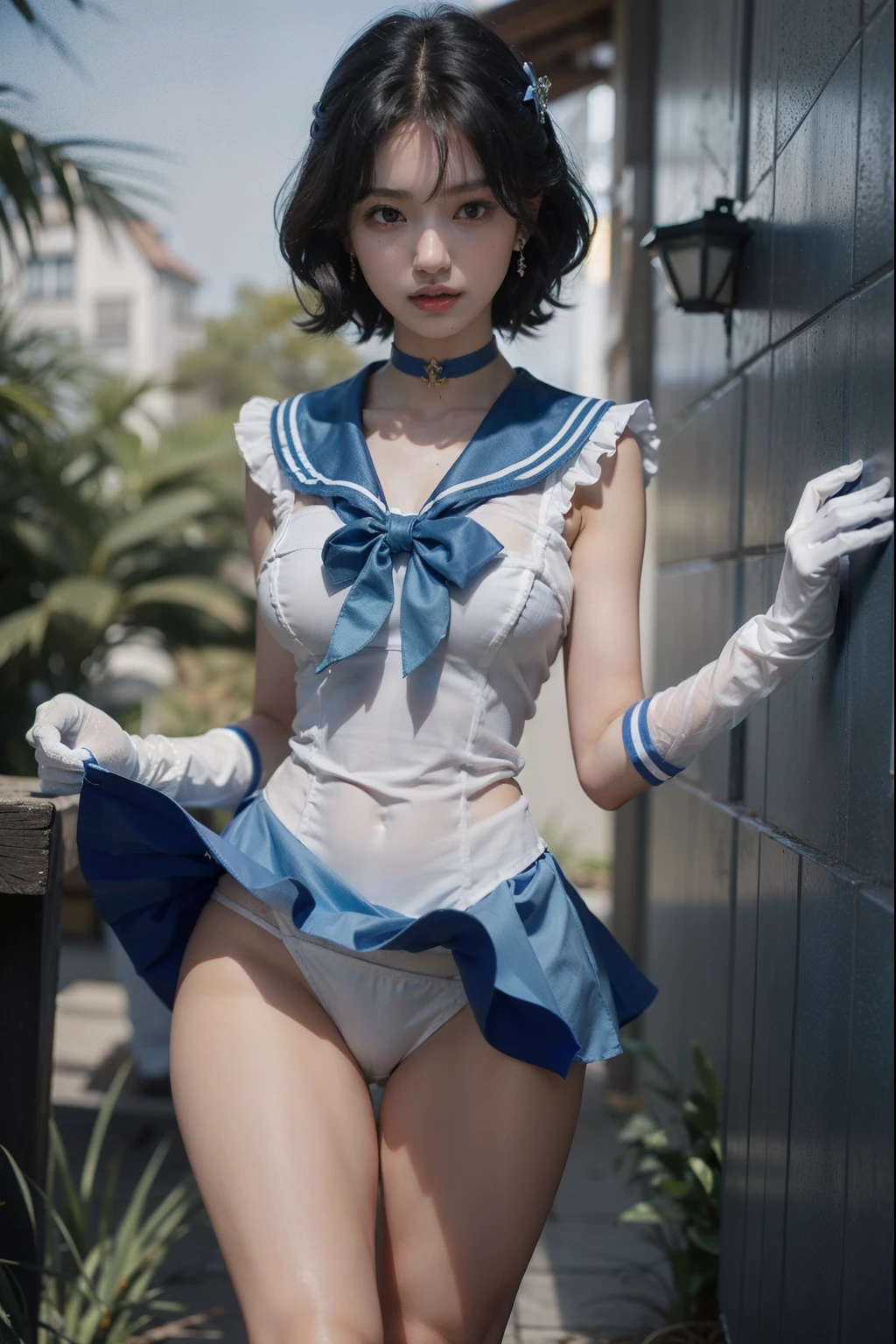 arafed asian woman in a tight white sailor uniform and tiny blue skirt posing for a photo, very sexy pose, elegant seducing pose, sexy look, sultry body, anime girl cosplay, ((tiny blue miniskirt)), ((huge breasts|white sailor uniform)) ((white sailor shirt|blue collar|blue bow)), ((long blue boots)), ((long white gloves|blue stripes)), ((blue choker|sapphire)), ((golden tiara on forehead)), ((long slender legs)), ((tiny white panties)), 2 4 old female model, beautiful alluring teen, model with attractive body, sexy body, gorgeous young korean woman, beautiful feminine body, gorgeous young model, young sensual graceful, gorgeous chinese model, ((curly bangs)), ((very dark short hair)), ((black hair in a rough shag)), wavy hair, (masterpiece:1.3), high resolution, ((sailor mercury))