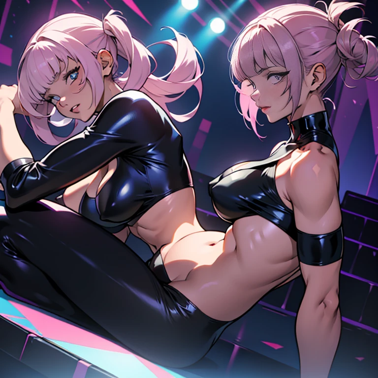 (fiche de conception de personnage, same character, Devant, Side, dos), ((Extremely detailed illustration)), high resolution, des mains parfaites à cinq doigts, visage parfait . Deux filles de 25 ans,soeurs jumelles, with large breasts and nipples that point, vêtu d'une combinaison rose en latex (spandex) style hentaï ouverte aux parties intime, the scene shows her fondling her breasts, back bent facing the audience, angle de vue multiples, seductive and explicit, corps voluptueux et musclé, legs spread, plaisir intense écrit sur son visage, eyes rolled upwards. NSFW❤️💕💖💋