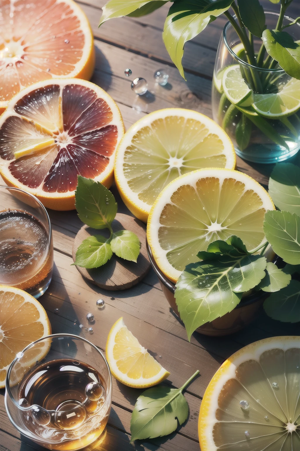 Wallpaper, clear glass, sparkling water, ice cubes, small slices of lemon, mint, tropical plants, hot weather, HD detail, humidity, small water droplets, hyperdetail, film, surrealism, soft light, deep field focus bokeh, ray tracing, diffuse reflection (ultra-fine glass reflection) and surrealism. --auto --v6 --s2