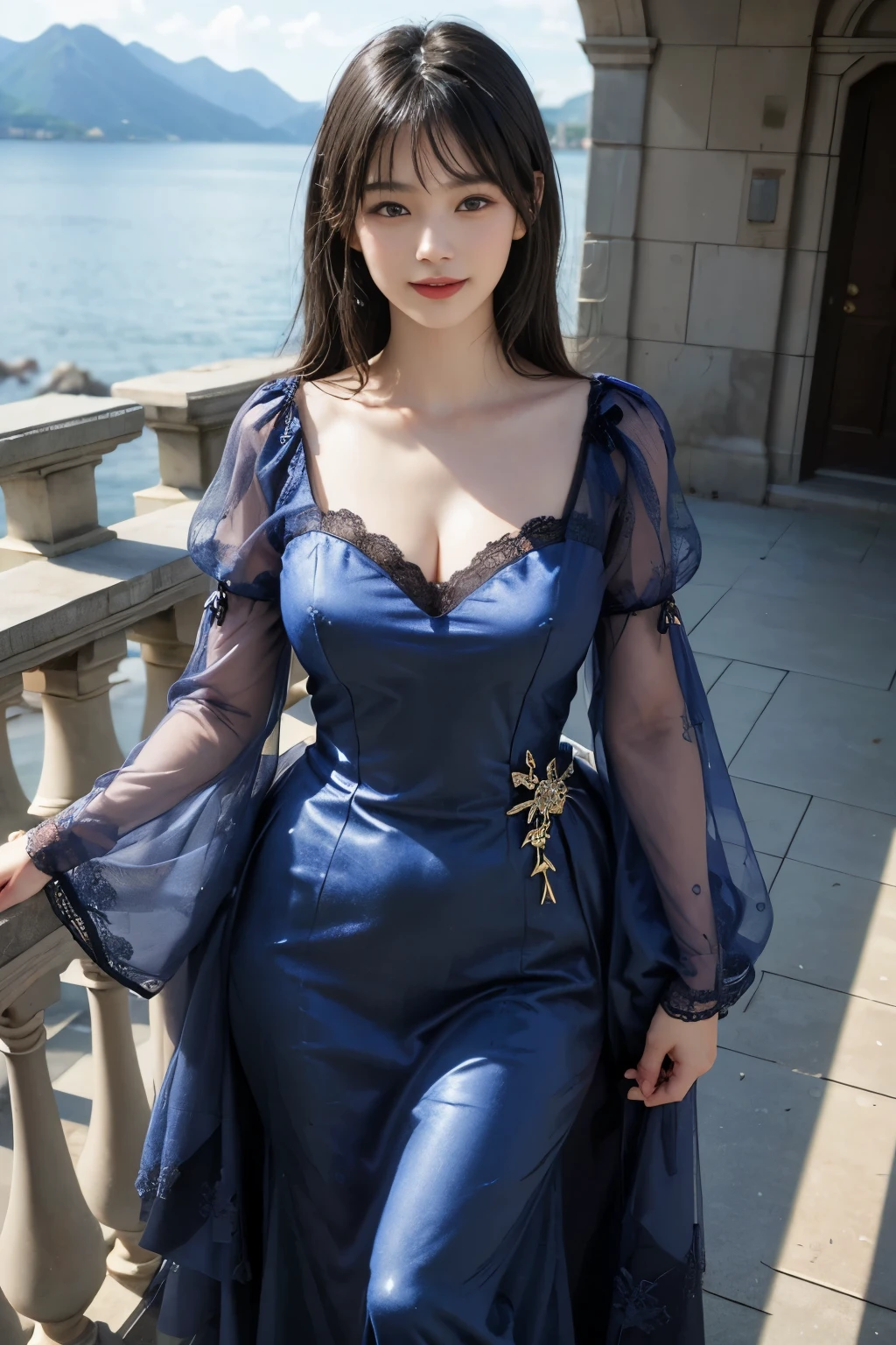 best quality、tmasterpiece、ultra high resolution、actual、1 girl、Glossy skin、((Surreal detailed))、Global photo、8K、Highly complex details、shinning eyes、Black straight hair、slender body、plump breasts、highkey、pureerosfaceace_v1、A smile、Elegant pose、Colorful  lace dress、Beautiful woman standing on the balcony of the castle