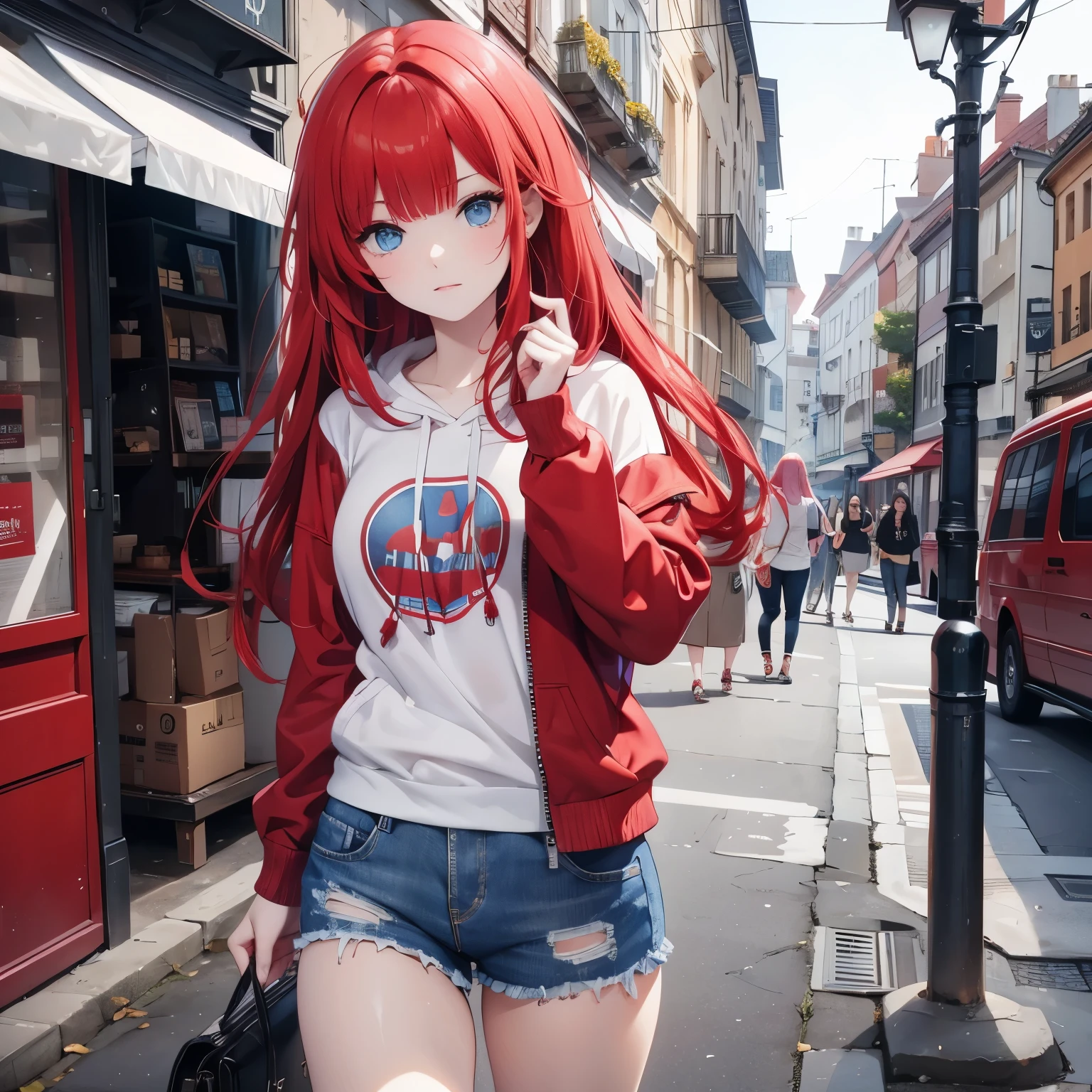 Red hair, blue eyes, hoddie, shorts jeans, better fingers