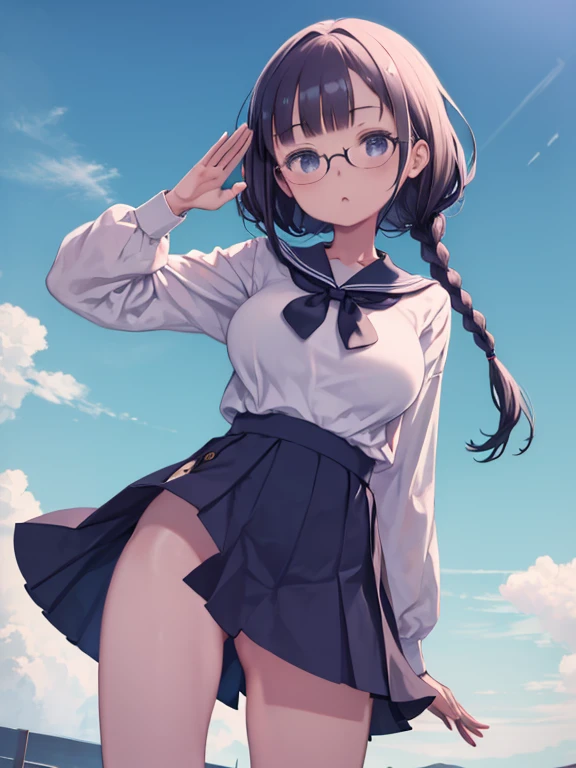 masterpiece, highest quality, Medium wide shot、cowboy shot、girl in sailor suit、Glasses、serious、H's Mouth、fold your arms、big breasts、stand with legs spread apart、angle from below、double knot、waving in the wind、