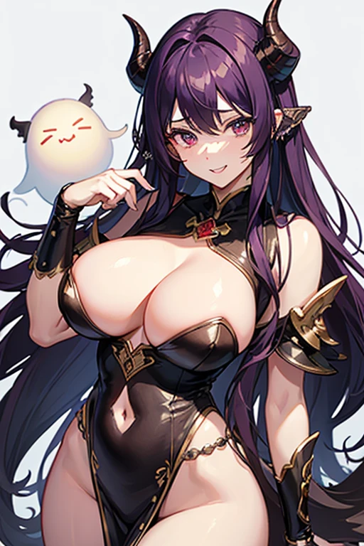(((masterpiece))),(((highest quality))),((Super detailed))、Horn on forehead、ghost、woman、Thin macho、big breasts、black leotard、Navel exposed、wrap a brown cloth around your waist、black knee boots、purple hair、superlative、masterpiece、red eyes、final boss、dignity、looks strong、long hair、half up hair、elegant、smile、Flesh-colored horns、red tip of the corner、
