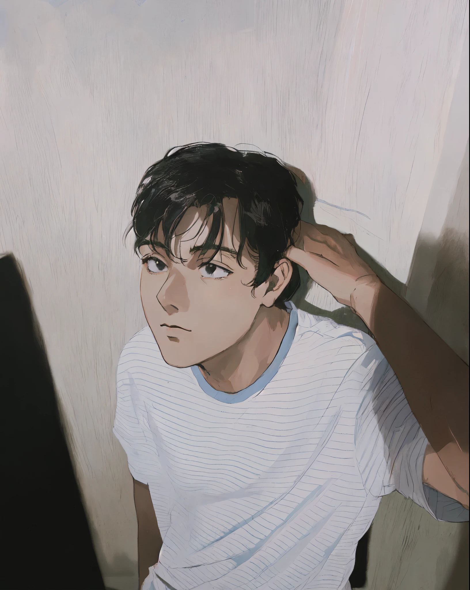 muted pastel colors, retro anime, 1990s anime, 1980s anime, brush strokes, masterpiece, best quality, 1boy, solo, black eyes, white shirt, closed mouth, medium hair, simple background