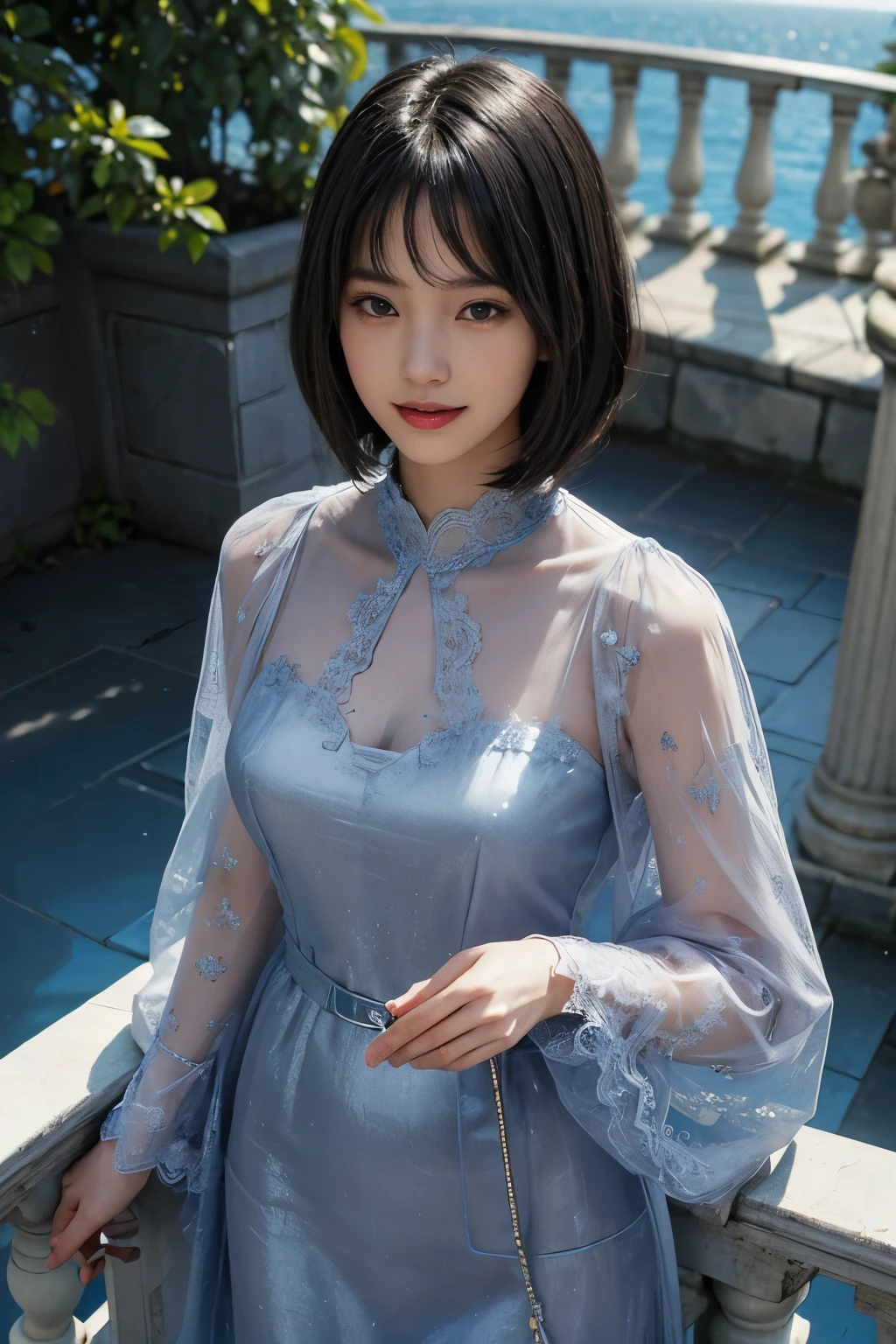 best quality、tmasterpiece、ultra high resolution、actual、1 girl、Glossy skin、((Surreal detailed))、Global photo、8K、Highly complex details、shinning eyes、Black straight hair、slender body、plump breasts、highkey、pureerosfaceace_v1、A smile、Elegant pose、Colorful  lace dress、Beautiful woman standing on the balcony of the castle