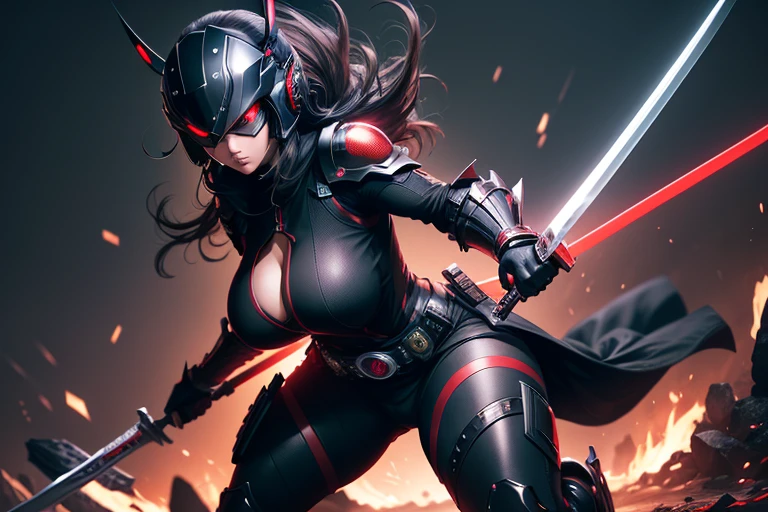 best quality,4k,8k,Kamen Rider Black, solo, night background, red eyes, glowing eyes, (1girl,mature woman,large breasts), full body, weapon, female focus, belt, sword, holding weapon, armor, holding sword, helmet, clenched hand, antennae, rider belt, 