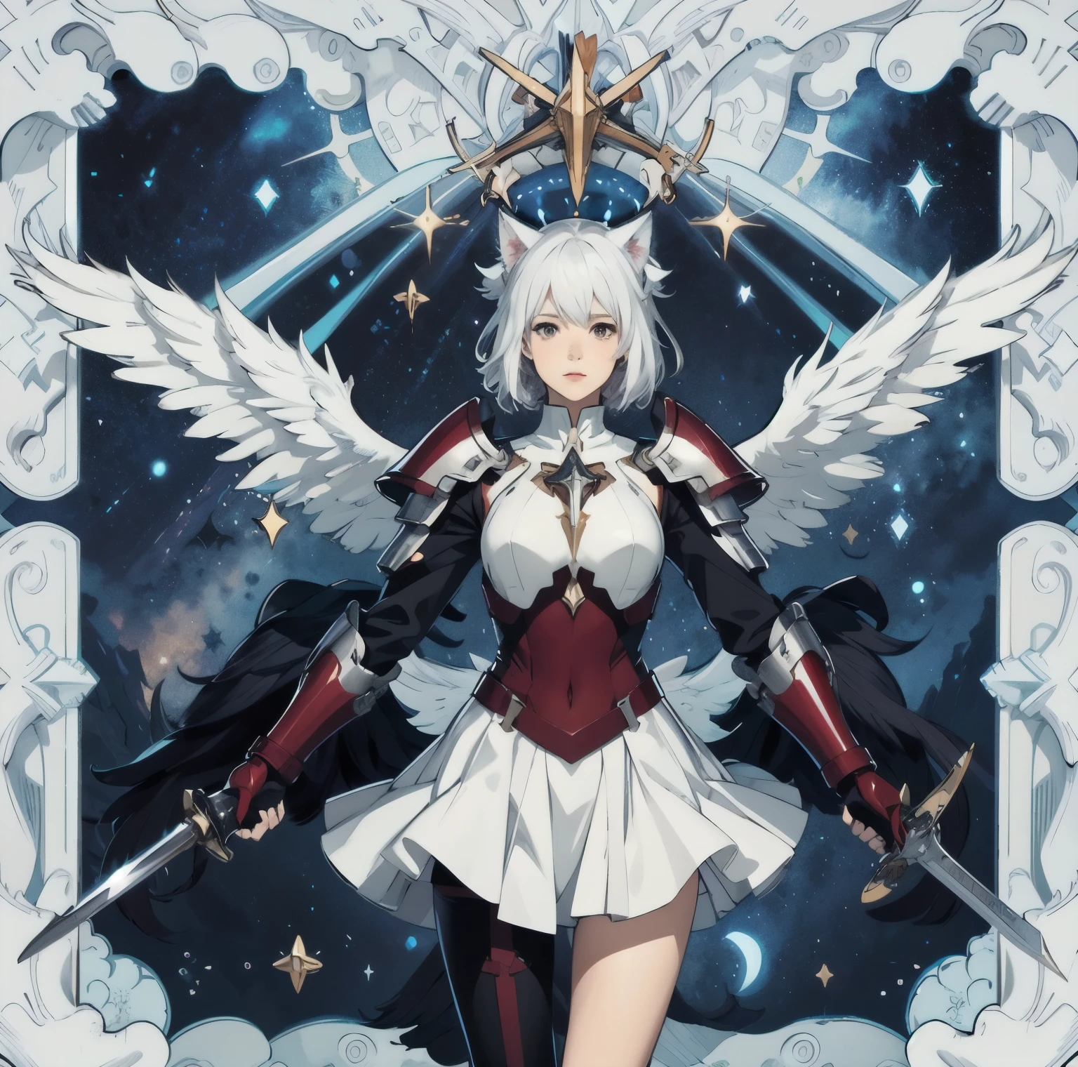 Cat ear,Beauty,ruler,pure white angel wings,halo,starry sky background,Star,white hair,whole body,red pupils,Huge wings,stand,2D animated comic book style,Two dimensions,Half-body armor,Balanced Wings,anime face,cute,scepter,crown