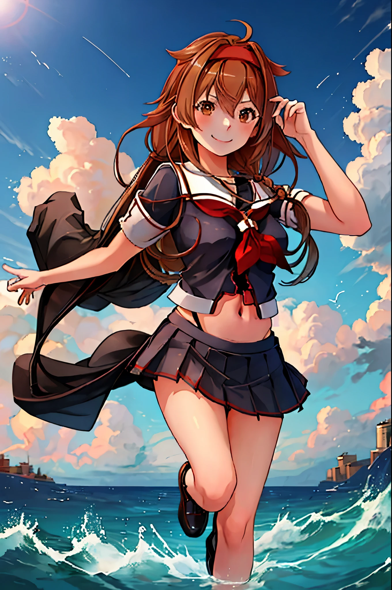 highest quality, masterpiece, High resolution, 1 girl, shiratsuyu (kancolle)(Bai Lu Kai Er　Fleet Collection:1.15), brown hair, brown eyes,  smile, slender body, full body figure,red headband, (((black sailor suit))), pleated skirt, 