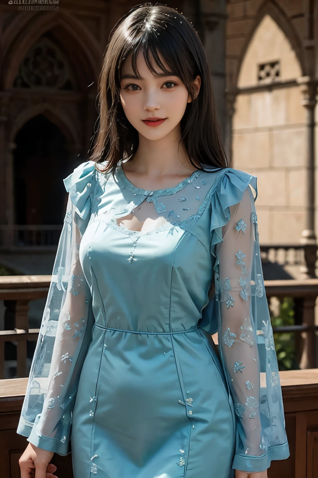 best quality、tmasterpiece、ultra high resolution、actual、1 girl、Glossy skin、((Surreal detailed))、Global photo、8K、Highly complex details、shinning eyes、Black straight hair、slender body、plump breasts、highkey、pureerosfaceace_v1、A smile、Elegant pose、Green lace dress、Beautiful woman standing on the balcony of the castle