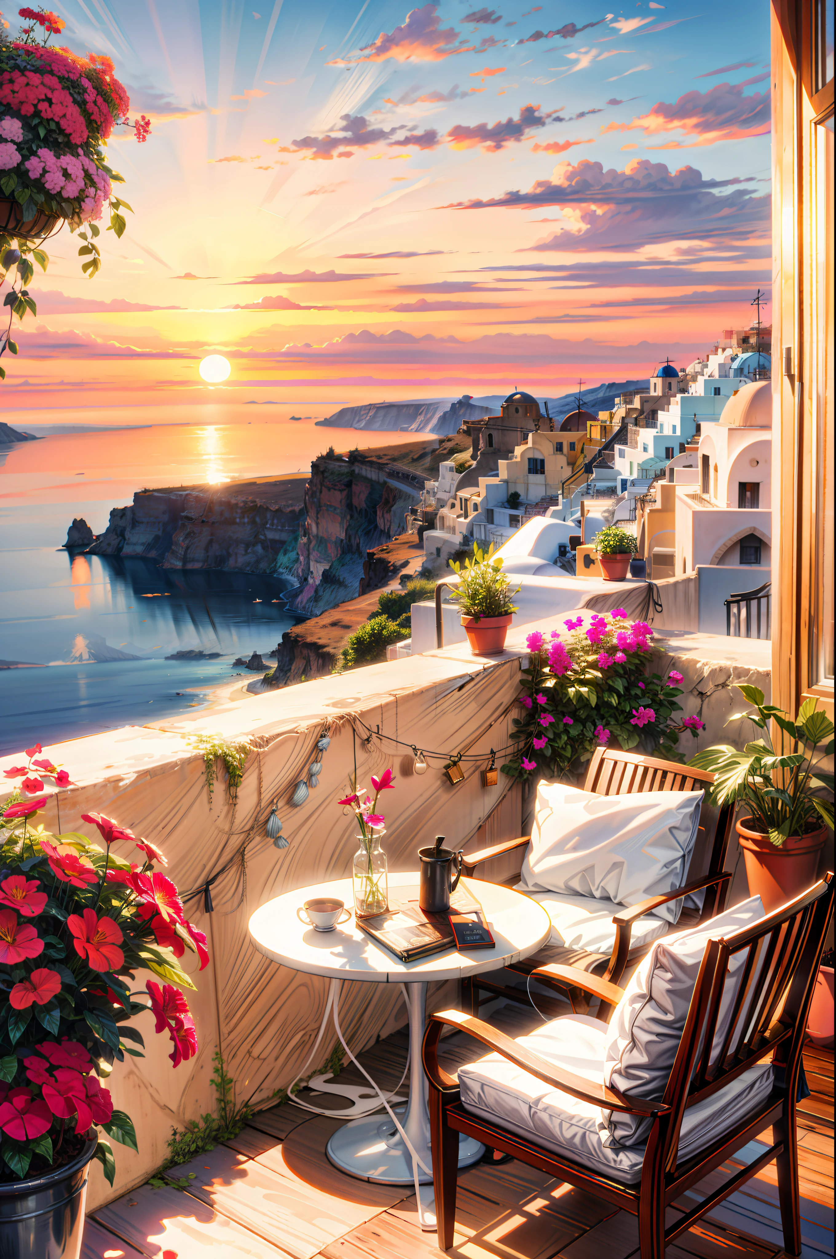 peinture d'une vue de Santorin, sunlight, belle ambiance lofi calme,dusk, penne, tableau,monstera plant, Lumières suspendues , 4K HD, sunlight, nuage, Bougainville,balcon ouvert,bel art UHD 4 K, une belle illustration d'work of'art, Beautiful digital painting, Highly detailed digital painting, belle work of'Digital art, detailed painting 4 k, Highly detailed digital painting, riches couleurs pittoresques, beautiful digital painting