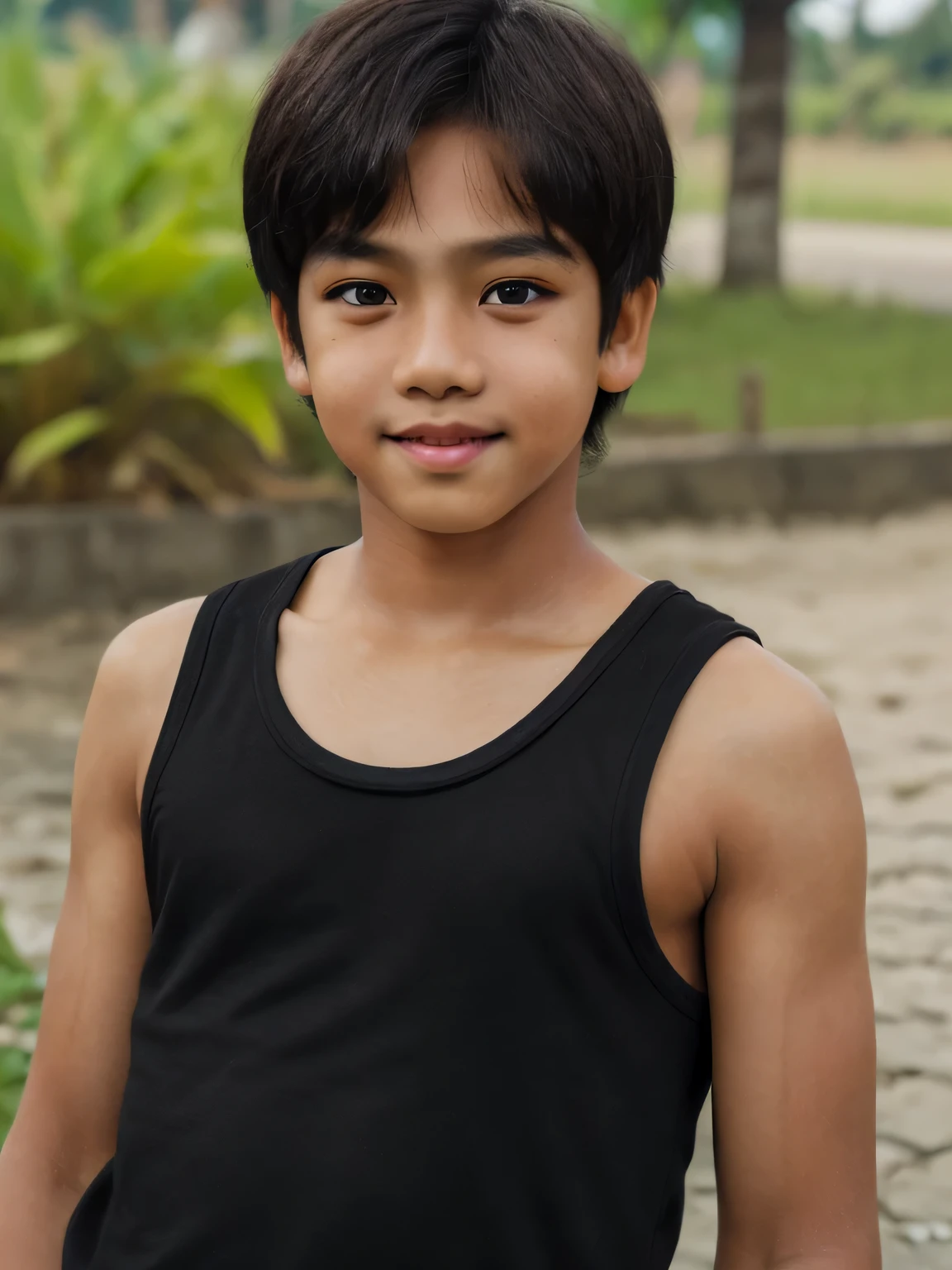 (REALISTIC) 10 years Old, Indonesian young boy, gorgeus brown eyes, soft smile, straight black hair, singlet, highly detail, 8k, ultra detailed background, showing full body, outdoor, solo