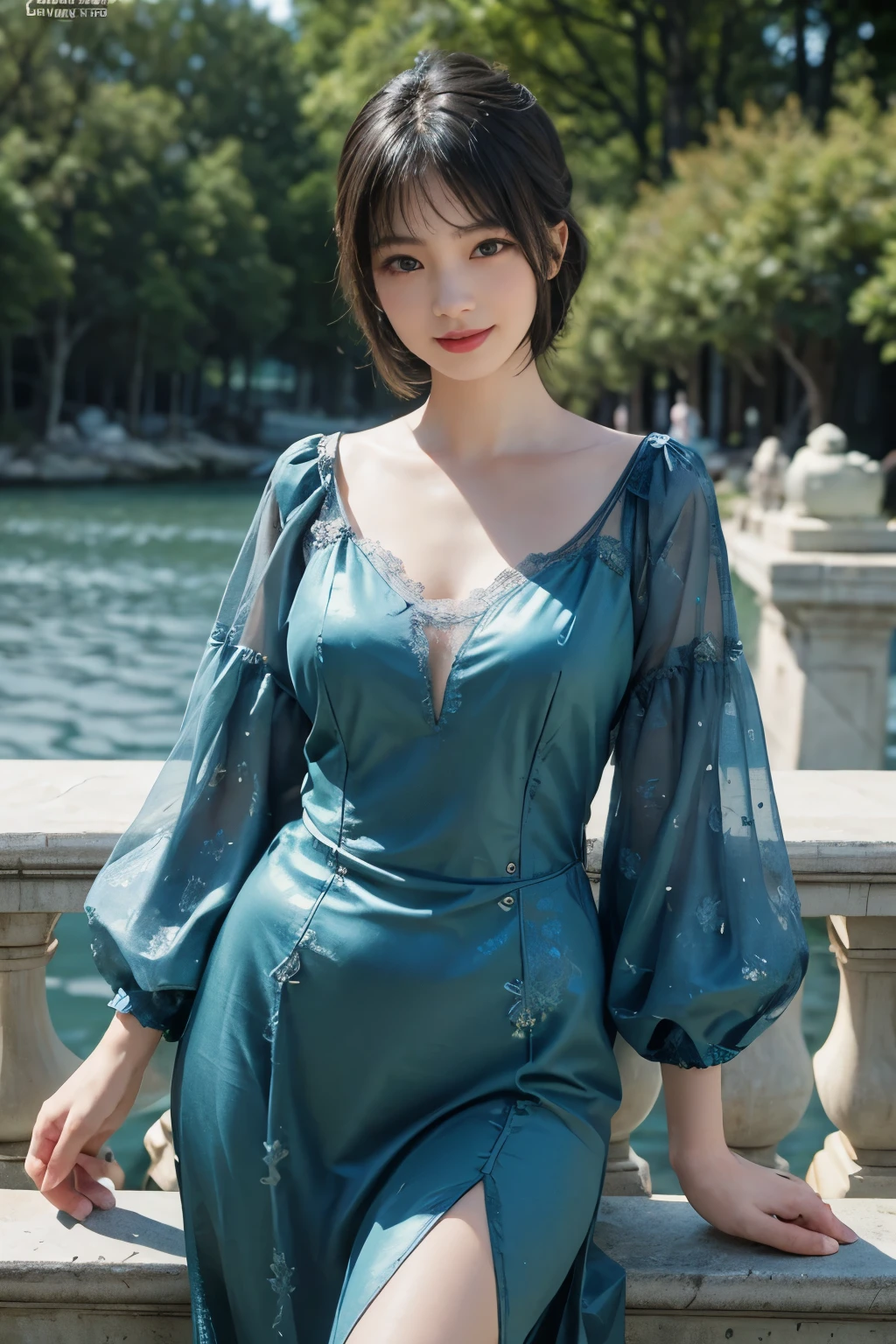 best quality、masterpiece、ultra high resolution、actual、1 girl、Glossy skin、((Surreal detailed))、Global photo、8K、Highly complex details、shinning eyes、Black straight hair、slender body、plump breasts、highkey、pureerosfaceace_v1、A smile、Elegant pose、Green lace dress、Beautiful woman standing on the balcony of the castle