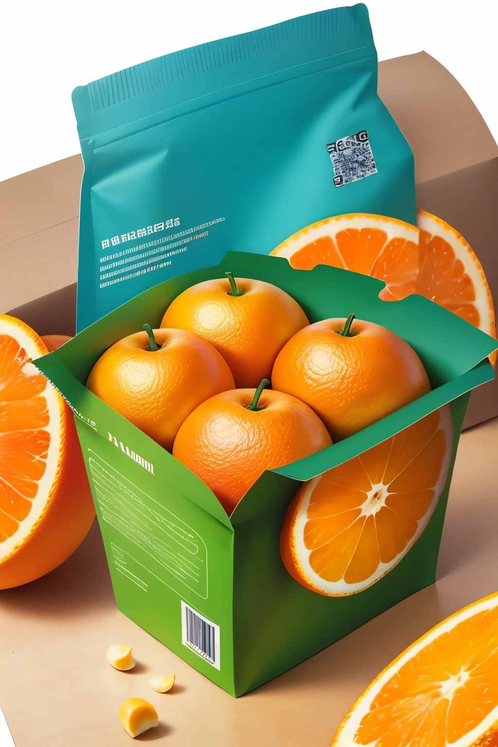 Modern packaging design, ( orange FRUITS ON packaging bag)，(center:1.3)，Flat style orange illustration，full of nutrition，simple white background，HD resolution，simple style，actual，Natural light, Glossy plastic packaging bag