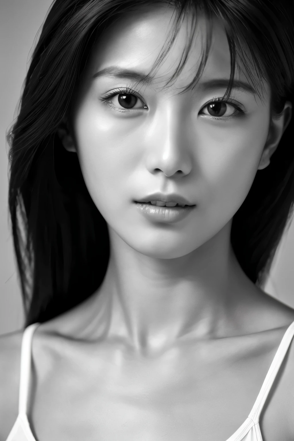 mastepiece, Best Quality, Photorealsitic, Ultra-detailed, finely detail, high resolution, 8k wallpaper, Raw photography, Professional, high level of detail, (((Monochrome photography))), Skinny Japanese woman, 30 years old, 1girl in, (Facing the front), The upper part of the body, face perfect, ((Only lips red))