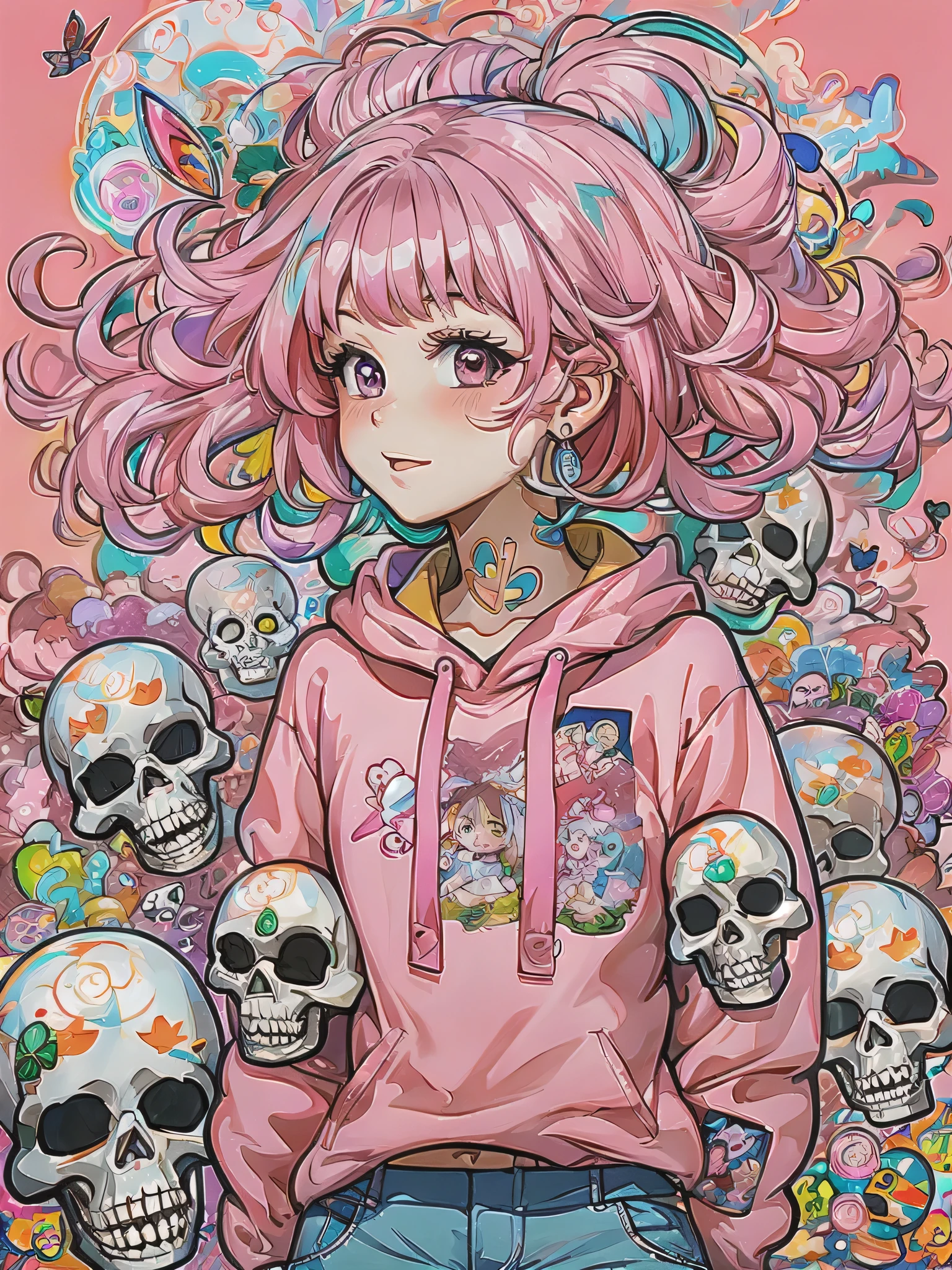 akira toriyama style、pink hair anime girl, skull fashion, anime style 4 k, Decora style illustration, anime art wallpaper 4k, anime art wallpaper 4k, anime wallpaper 4k, anime wallpaper 4k, anime style. 8K, anime atmosphere, anime art wallpaper 8k, anime style illustration, anime art style, anime styled, cute detailed digital art