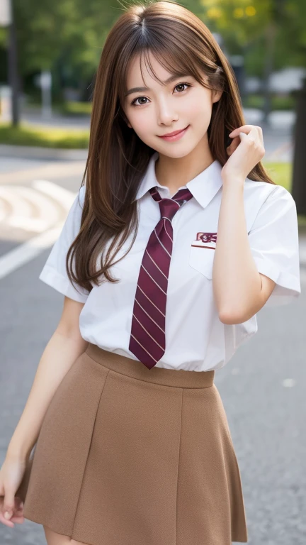 brown hair,medium hair,Female in her early 20s, small nose, with the correct look, Cute natural smile, Japanese facial features, Clean and cute face, cute realistic portrait, asian face, 8k photo, soft makeup,natural skin texture,Raw photo,highest quality,Full Body Shot,Seductive pose,student,uniform,mini skirt