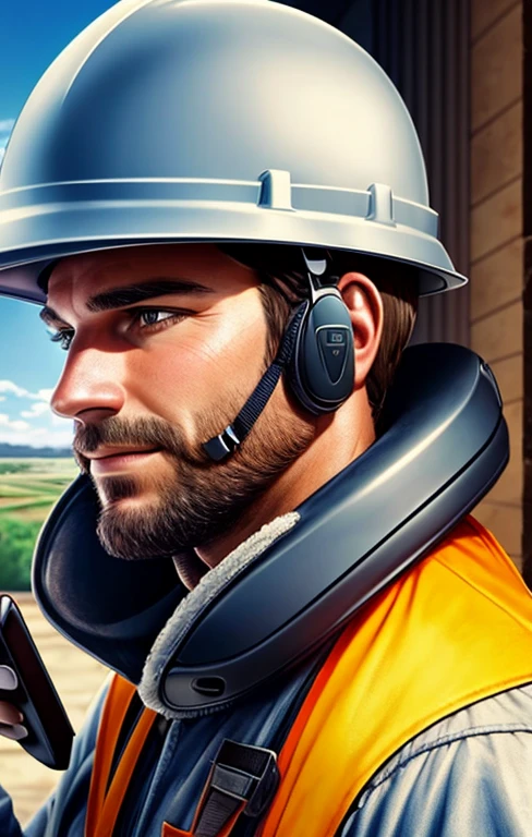 a close up of a man in a helmet talking on his cell phone, professional work, professional, maintenance, 1614572159, very professional, I have been trying to call, quality drawing, civil engineer, janitor, fixing each other, engineer, loaded,