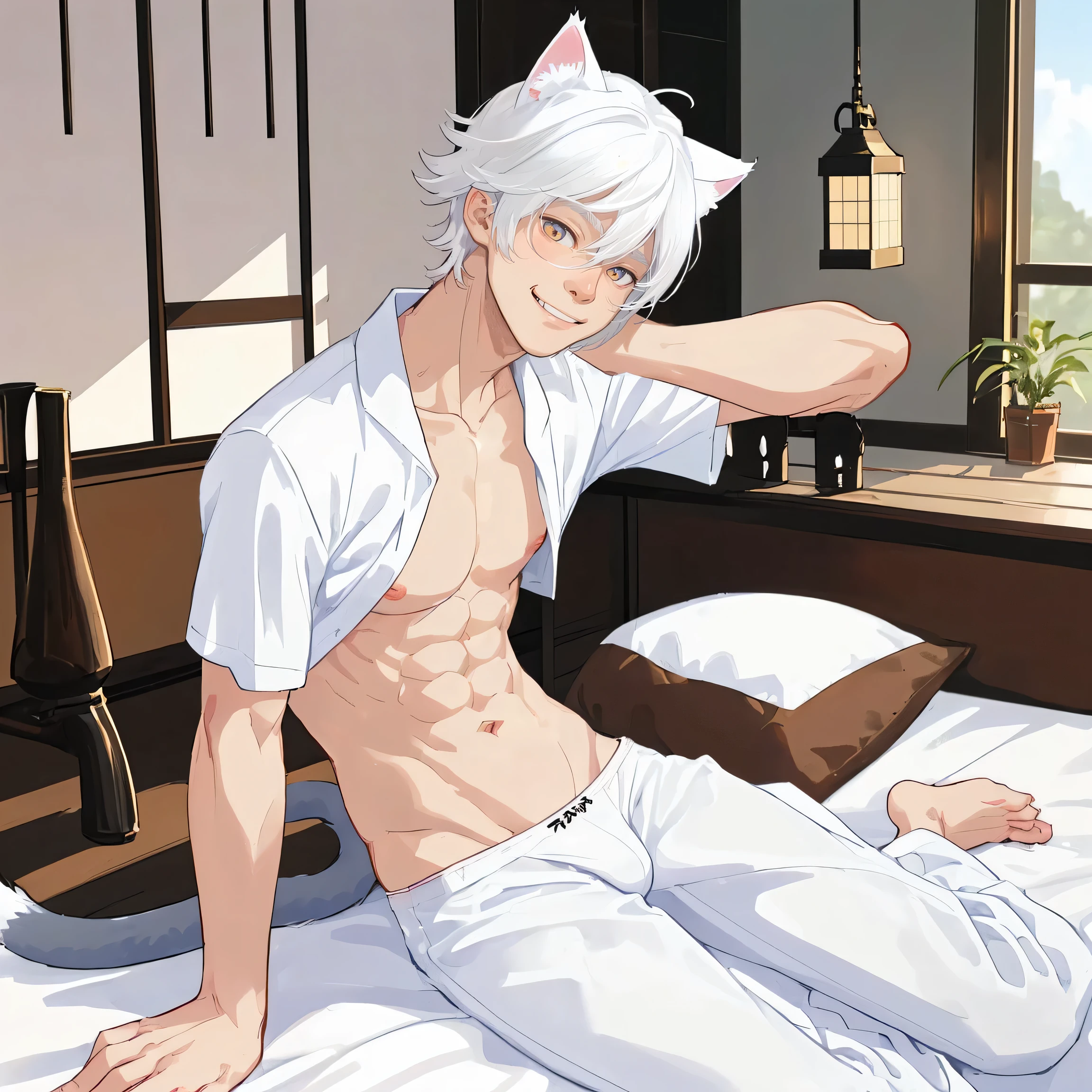 cute male, cat ears, cat tail, looking at camera, smiling, white hair, shirtless, white underwear, sitting on bed, japanese house, 4 , cute boy, , no shirt
