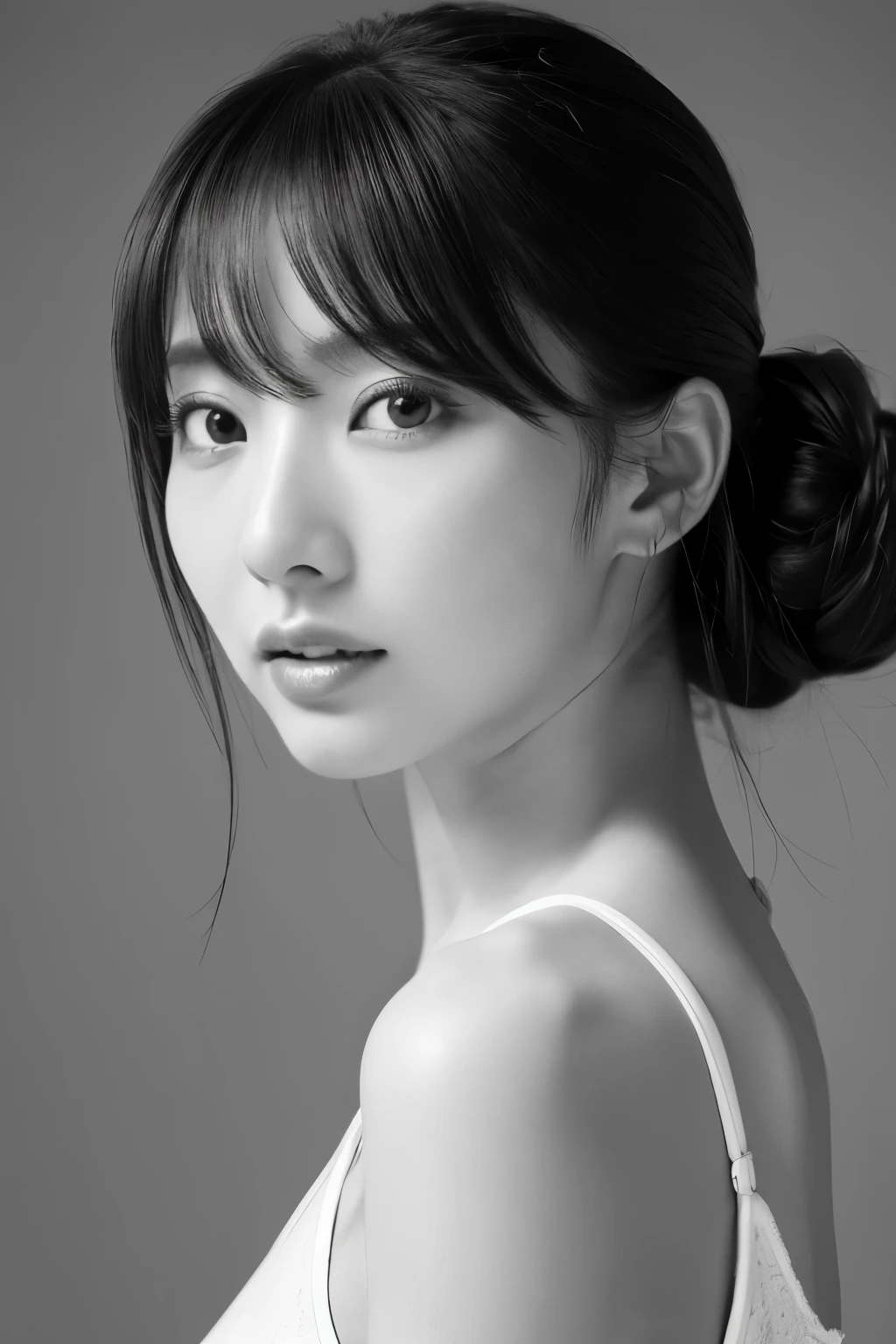 mastepiece, Best Quality, Photorealsitic, Ultra-detailed, finely detail, high resolution, 8k wallpaper, Raw photography, Professional, high level of detail, (((Monochrome photography))), Skinny Japanese woman, 30 years old, 1girl in, (Facing the front), The upper part of the body, face perfect, ((Only lips red))