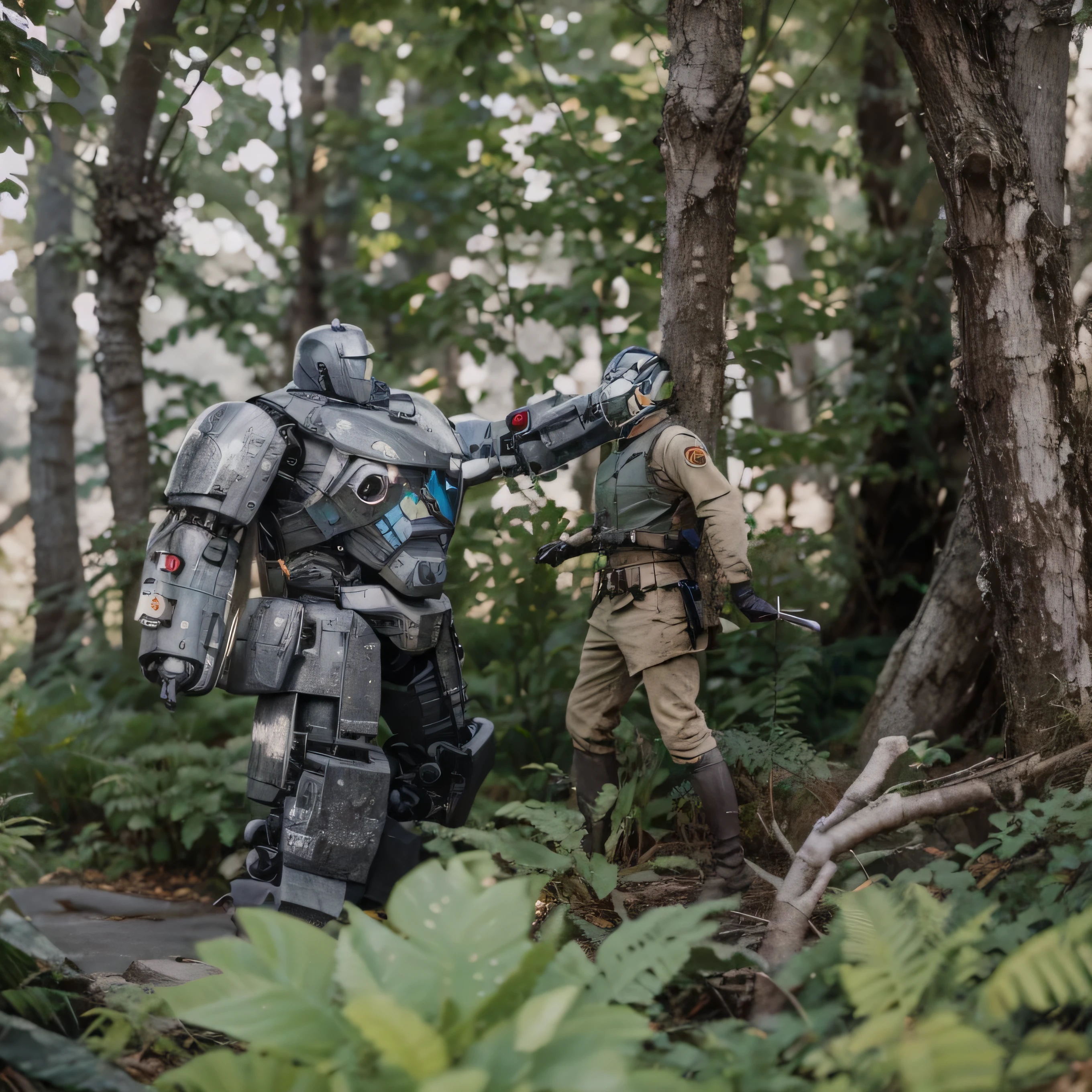 Robot hanging soldier, forest with trees, bushes and stones.