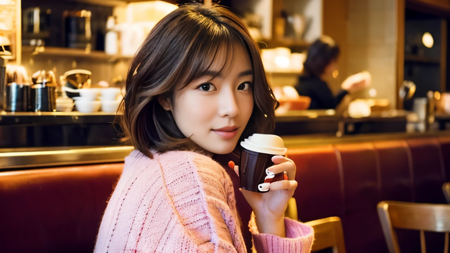 medium shot shot, Beautiful Japanese woman looking at the camera, In a café in New York, brown hair, short hair, pink knit sweater