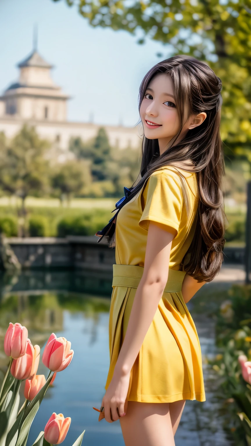 Dragon Ball　bloomers, futuristic scene, 機械的に強化された日本のhigh school girl、Elegant in an elaborate garden. She has beautifully detailed eyes and lips that complement her face. high school girl。.uniform。.。.。.。.。.。14 year old girl.. Around her are bright tulip and a quiet carp pond. The scenes are drawn using a combination of illustration and photorealism, sunflower,Highly detailed brush strokes and sharpness, bright colors. uniformの優美な姿を際立たせる照明, gives softness to the skin, porcelain shine。. Artwork is of the highest quality, Exquisite costume details on display, tulip, . The overall color scheme is、、、、、、、、、、、、、traditional Japanese color combinations, crimson, hang on., bus stop、sit on a swing、Headphones around the neck、Side view、Side view、whole body、cute clothes、from far away、Open the center、Big eyes、random pose、whole body