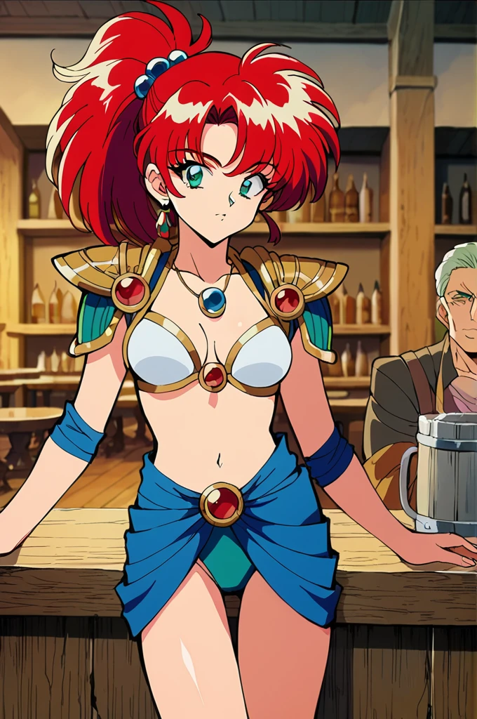 "(by yag:1.1), score_9, score_8_up, score_8, source_anime, retro anime style, anime screencap, anime coloring,
1girl, intricate high detailed body,
red hair, bangs, ponytail,
green eyes, faint lips,
slender, medium breasts,
ennui, sexy face,
bikini armor, shoulder pads,
jewelry, sleeve,
sexy pose,
cowboy shot,
indoors, tavern"
