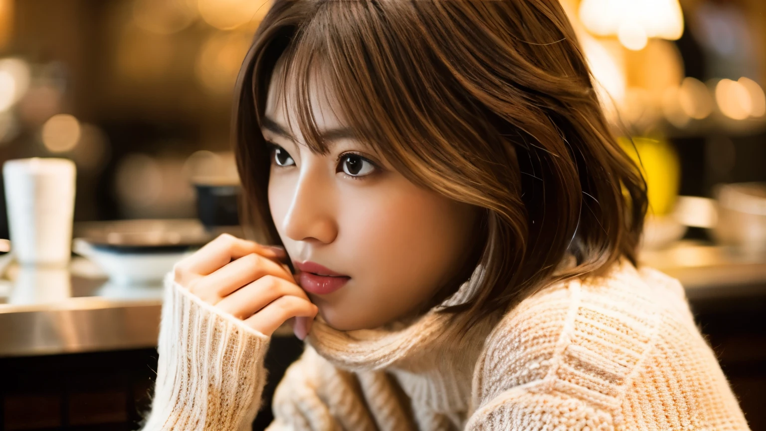 medium shot shot, Beautiful Japanese woman looking at the camera, In a café in New York, brown hair, short hair, knit sweater