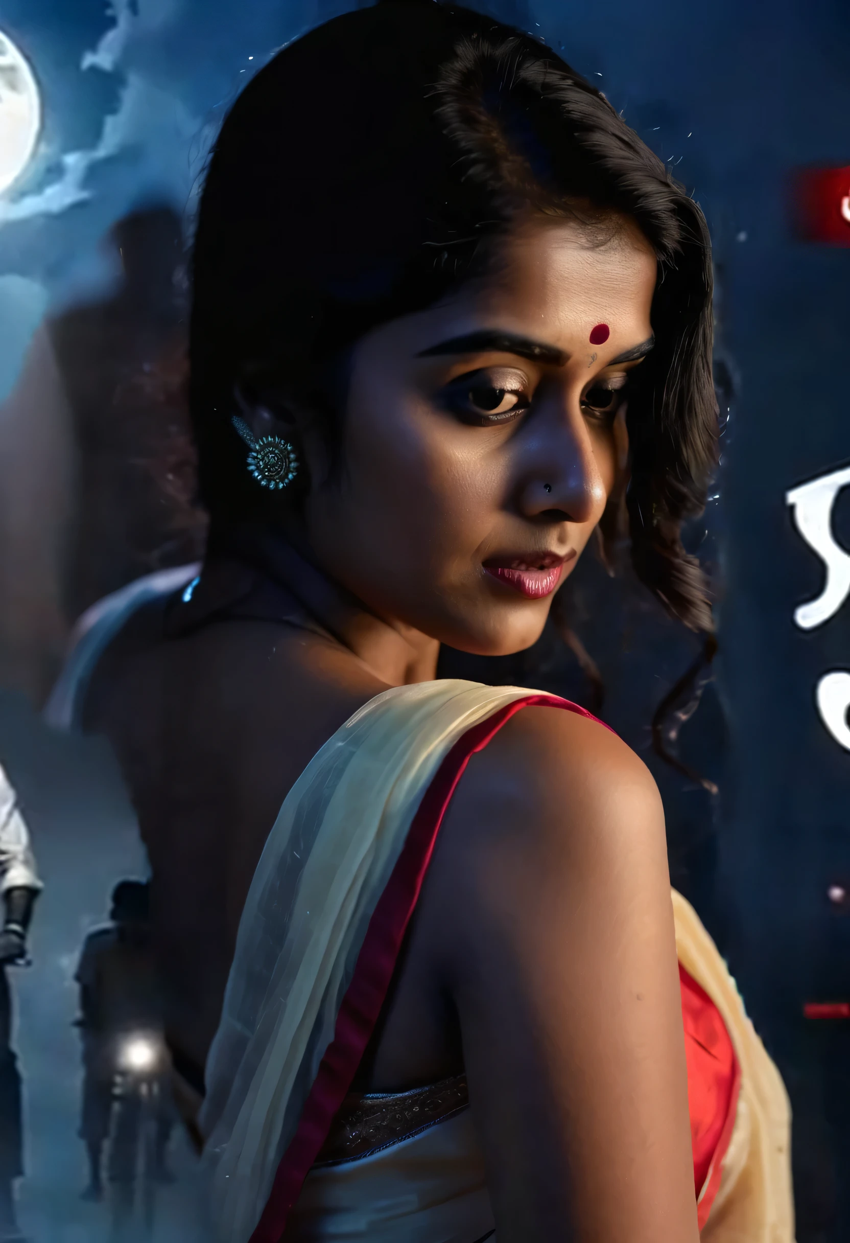 Female ghost wearing sleeveless Saree without blouse, night dark horror ambience 