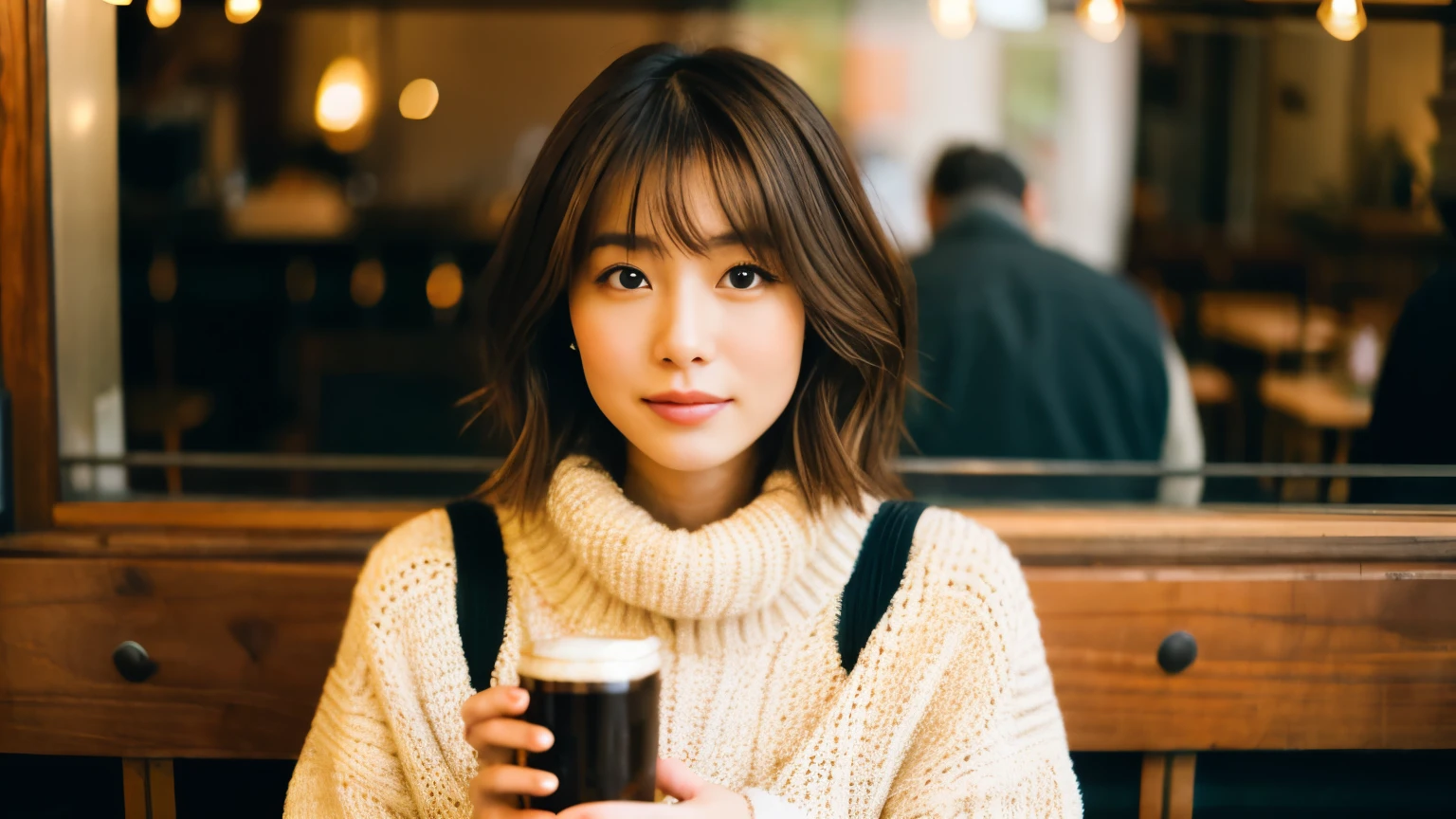 medium shot shot, Beautiful Japanese woman looking at the camera, In a café in New York, brown hair, short hair,spring clothes