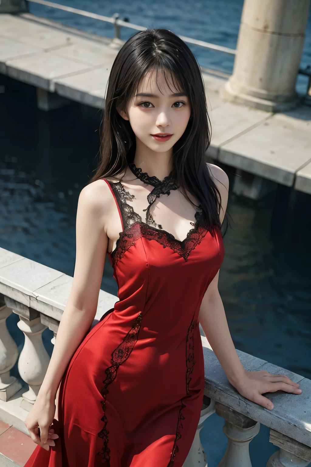 best quality、masterpiece、ultra high resolution、actual、1 girl、Glossy skin、((Surreal detailed))、Global photo、8K、Highly complex details、shinning eyes、Black straight hair、slender body、plump breasts、highkey、pureerosfaceace_v1、A smile、Elegant pose、Red  lace dress、Beautiful woman standing on the balcony of the castle