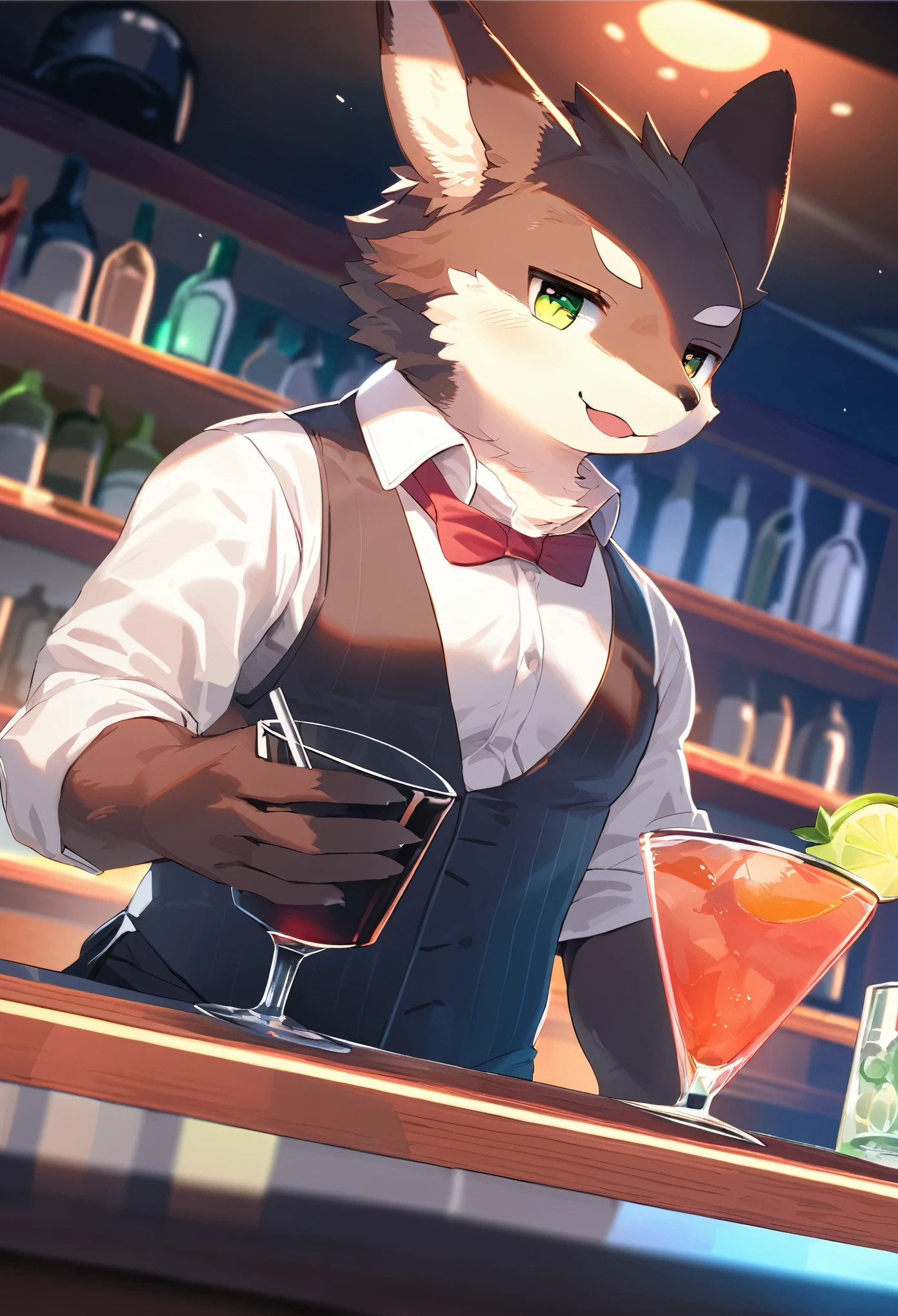 top quality, best quality, High-quality illustrations, masterpiece, super high resolution, detailed background, bartender, bar, cocktail, absurdres, perfect anatomy, expression, good lighting, cinematic shadow(kemono, furry anthro)dynamic angle,