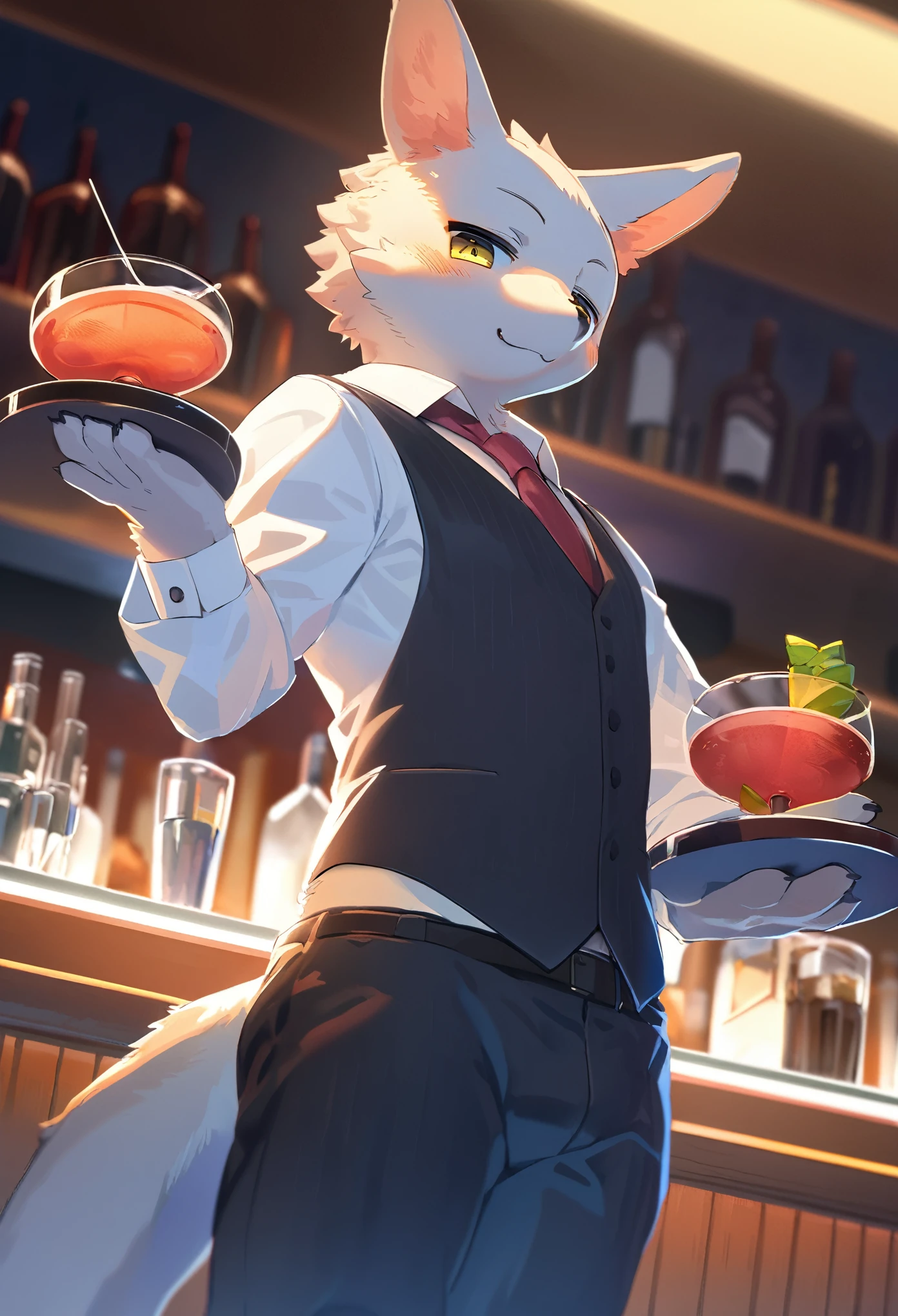 top quality, best quality, High-quality illustrations, masterpiece, super high resolution, detailed background, bartender, bar, cocktail, absurdres, perfect anatomy, expression, good lighting, cinematic shadow(kemono, furry anthro)dynamic angle,