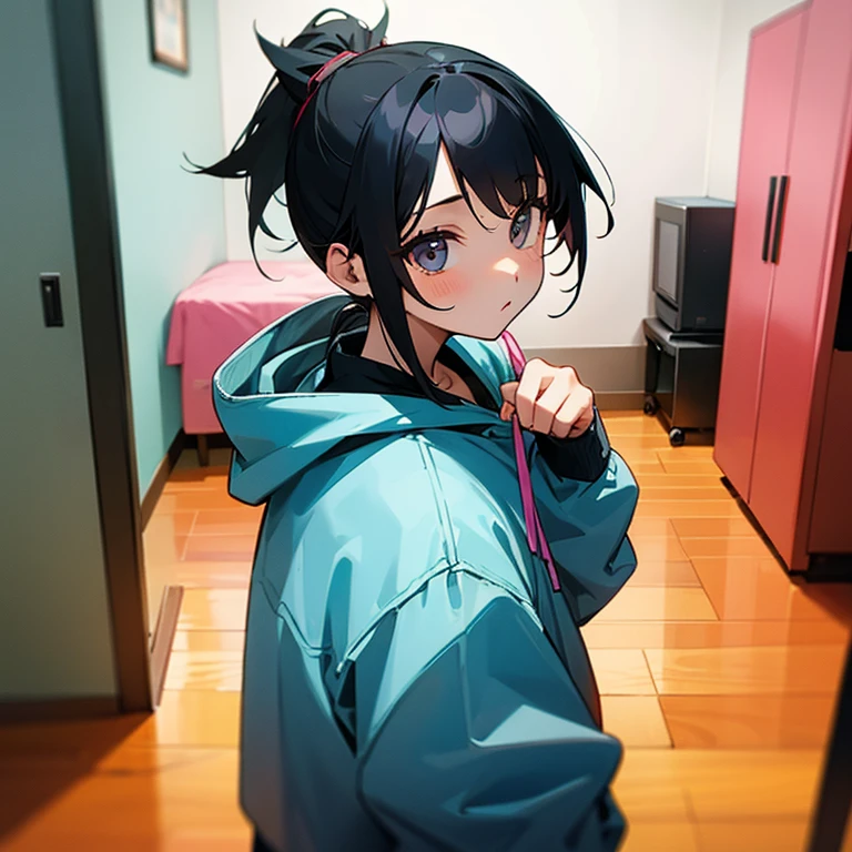 black hair、girl、ponytail、hoodie、cool、room