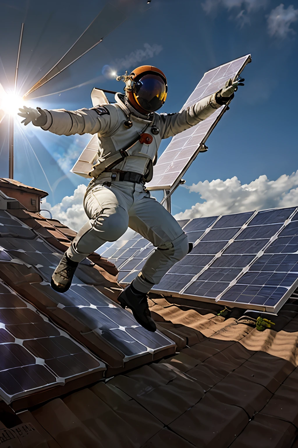 (((solar heliostat))), solar radiation, (((epic realism))), astronaut jumping in front of solar heliostat
