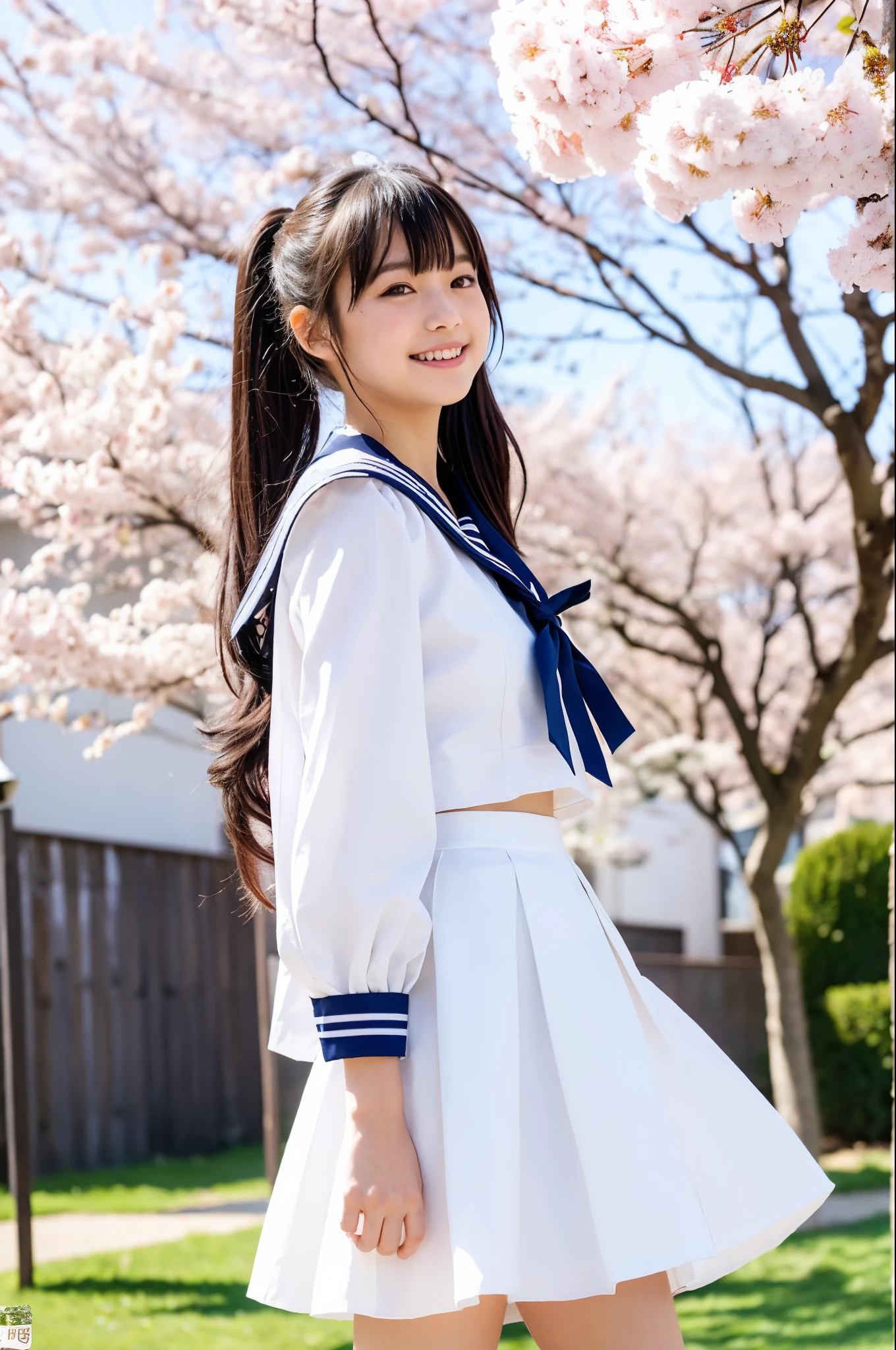 girl standing in windy cherry blossom school yard,long-sleeved white sailor frilled long dress with flare skirt,white thong,white socks,18-year-old,bangs,a little smile,thighs,knees,hair blowing in wind,low ponytail with barrette,from below,front light