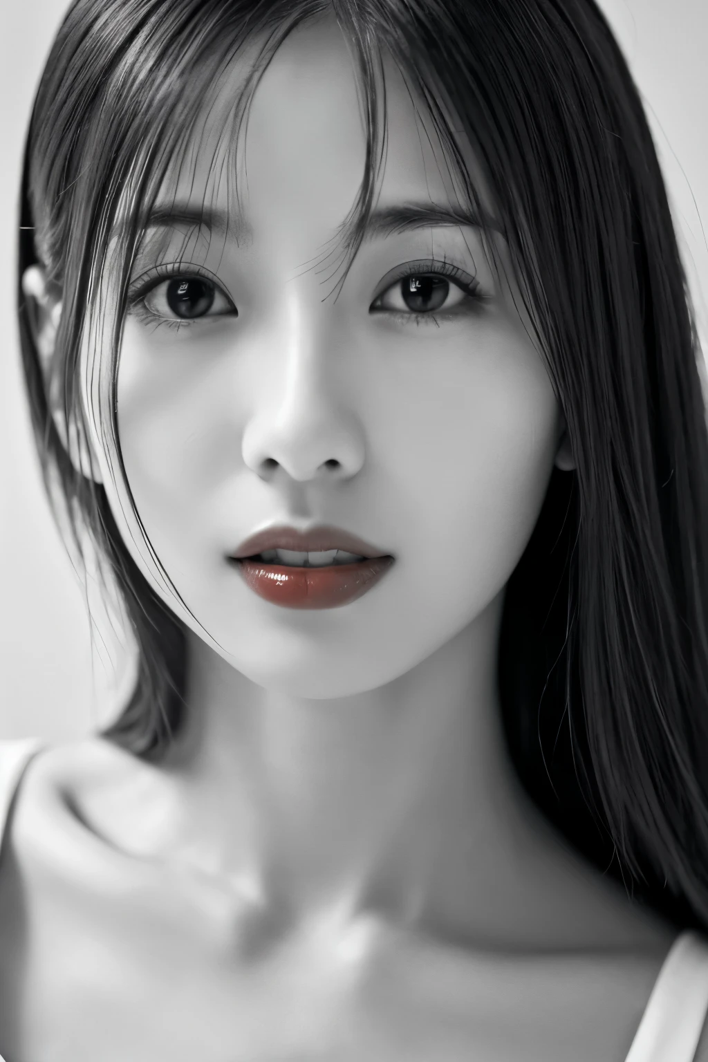 mastepiece, Best Quality, Photorealsitic, Ultra-detailed, finely detail, high resolution, 8k wallpaper, Raw photography, Professional, high level of detail, (((Monochrome photography))), Skinny Japanese woman, 30 years old, 1girl in, (Facing the front), The upper part of the body, face perfect, ((Only lips red))