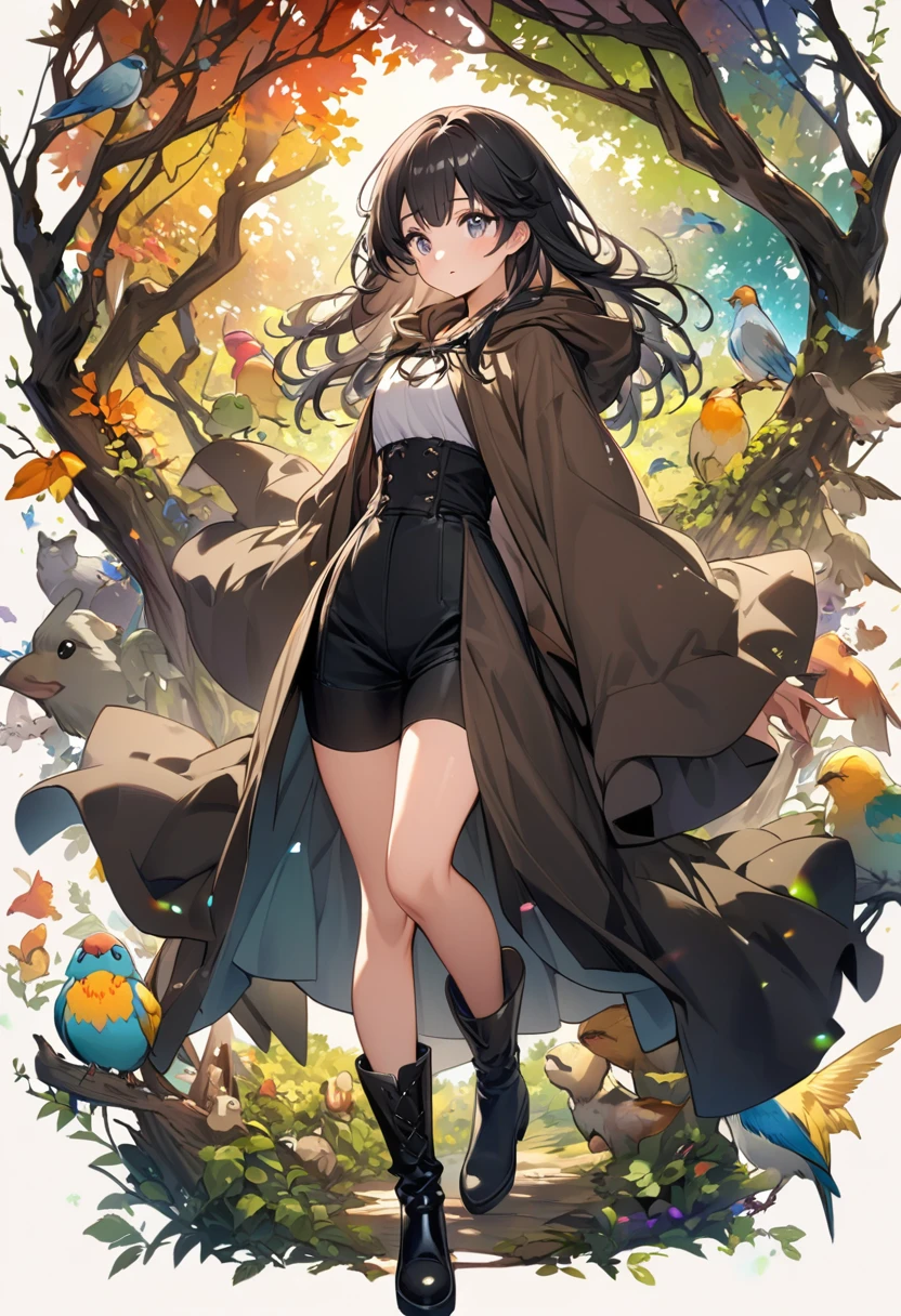high detail、age wizard girl、black hair medium long、black high waist shorts、long black boots without laces、wizard's robe、mysterious forest、lots of animals、birdie、facing forward、Colors of the four seasons