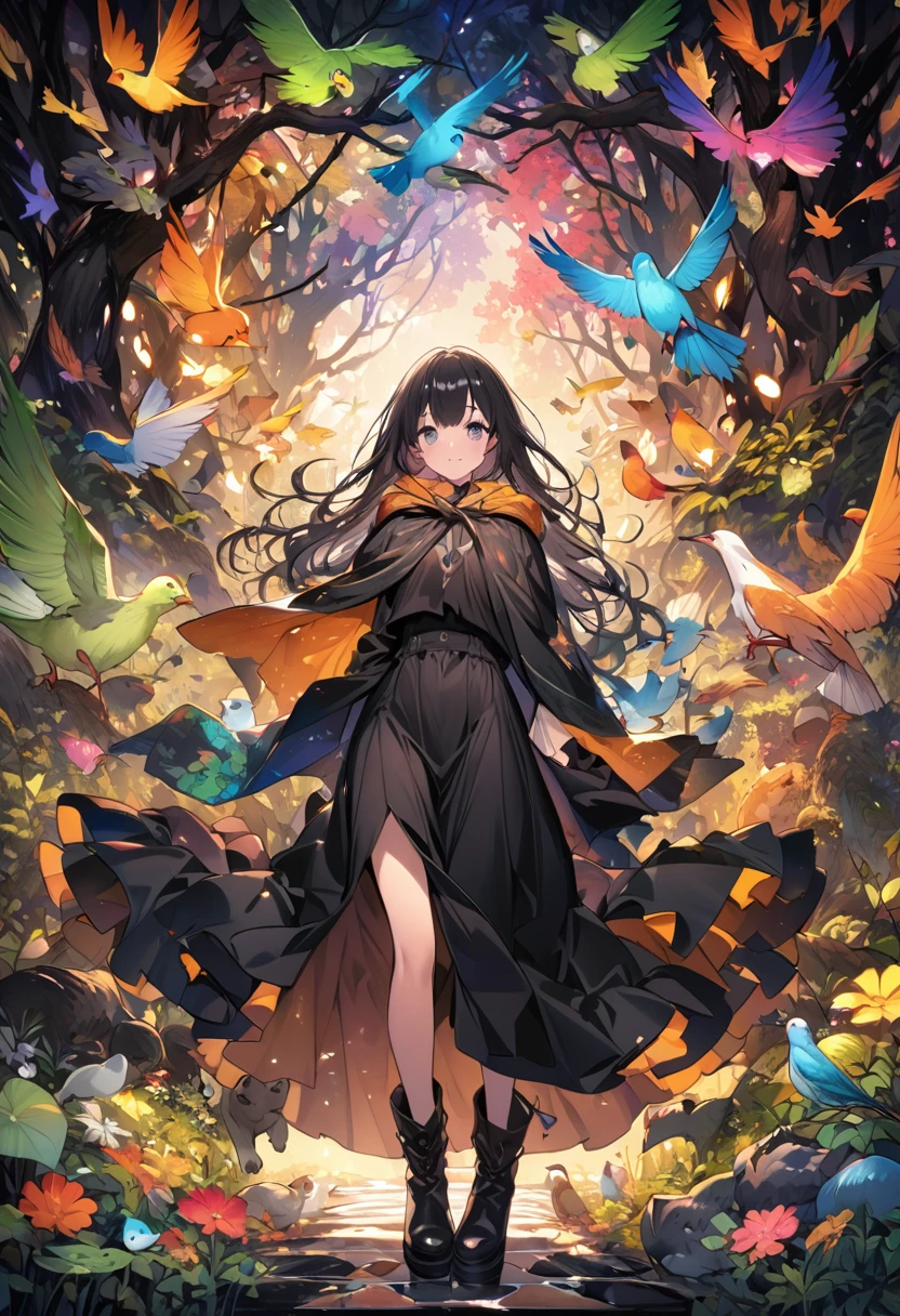 high detail、teenage wizard girl、black hair medium long、black high waist shorts、long black boots without laces、wizard's robe、mysterious forest、lots of animals、birdie、facing forward、Colors of the four seasons