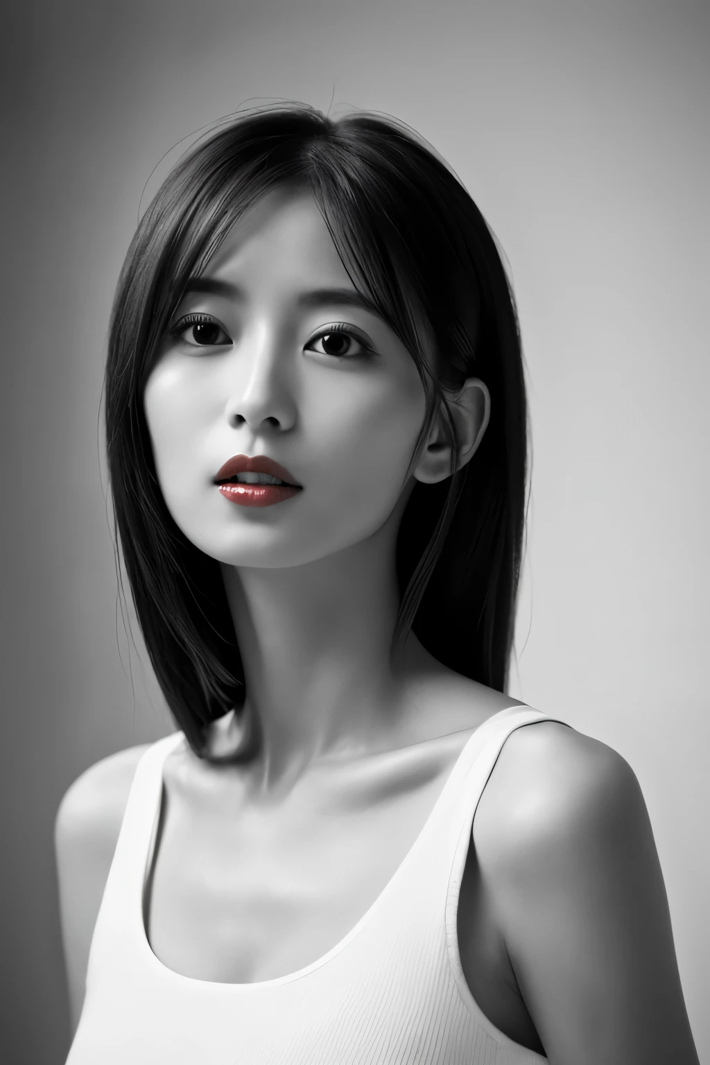 mastepiece, Best Quality, Photorealsitic, Ultra-detailed, finely detail, high resolution, 8k wallpaper, Raw photography, Professional, high level of detail, (((Monochrome photography))), Skinny Japanese woman, 30 years old, 1girl in, (Facing the front), The upper part of the body, face perfect, ((Only lips red))