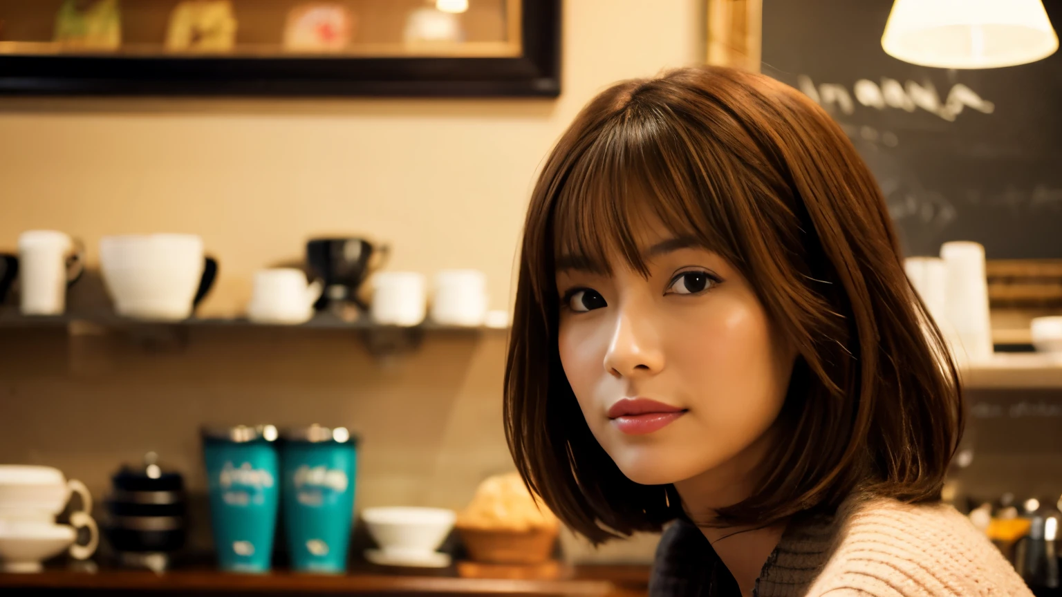 medium shot shot, Beautiful Japanese woman looking at the camera, In a café in New York, brown hair, short hair,spring