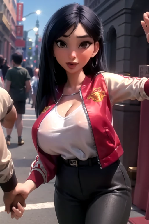 portrait, looking at viewer, parted lips,
1girl, solo, blunt ends, brown eyes, long hair,
red jacket, letterman jacket, sukajan, white sleeves, white undershirt, black pants, pants, cleavage, unzipped jacket,
outdoors, bustling city, daytime, spring,
volumetric lighting, masterpiece, best quality, gigantic Breasts