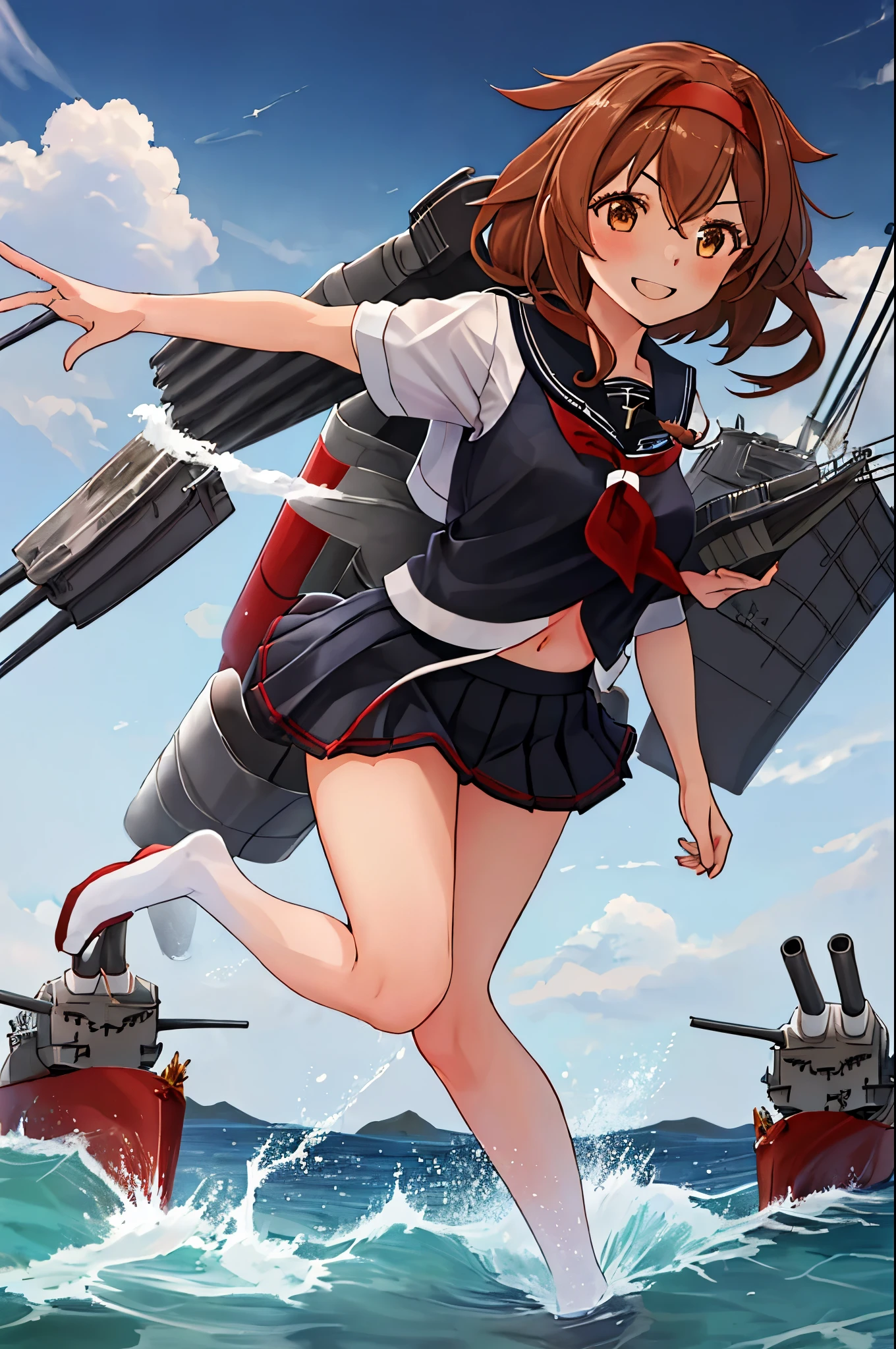 highest quality, masterpiece, High resolution, 1 girl, shiratsuyu (kancolle)(Bai Lu Kai Er　Fleet Collection:1.15), brown hair, brown eyes,  smile, slender body, full body figure,red headband, (((black sailor suit))), pleated skirt, 